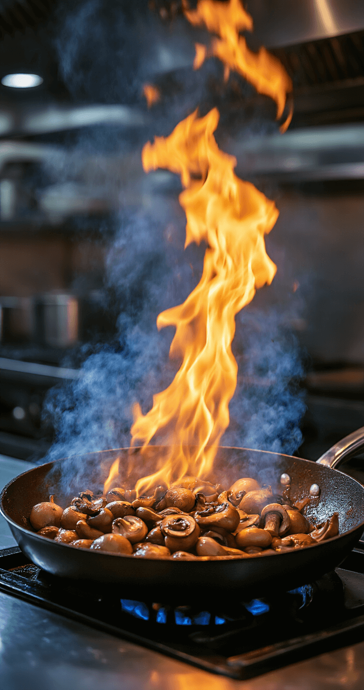 Dynamic action shot of cognac flambé in a professional kitchen, featuring blue-orange flames erupting from a skillet of golden-brown mushrooms and shallots, with moody lighting and steam creating an ethereal atmosphere.