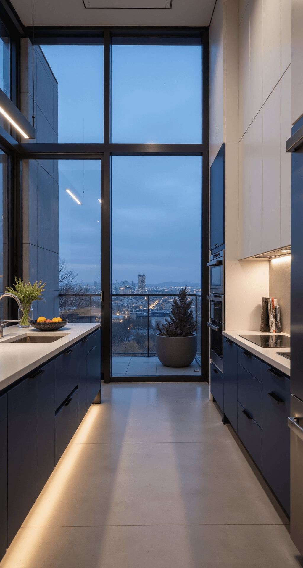 Modern kitchen with navy lower cabinets and white upper cabinets, featuring a concrete waterfall island, industrial black metal windows, and evening lighting, styled minimally with a black marble fruit bowl and cookbook stand.