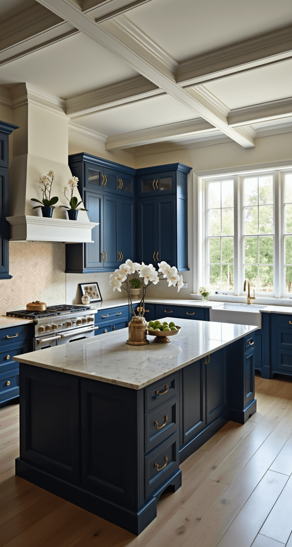 A luxurious navy and gold chef's kitchen with coffered ceilings, featuring floor-to-ceiling windows, quartzite counters, an 8ft island, and elegant decor including white orchids and a vintage brass scale, illuminated by soft morning light and strategic accent lighting.