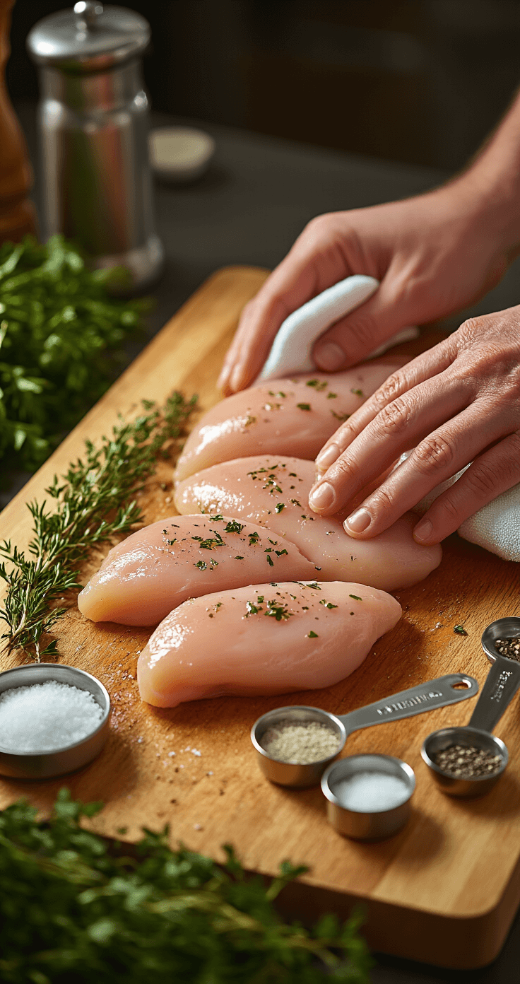 Close-up shot of raw chicken breasts being seasoned on a wooden cutting board, with fresh herbs, measuring spoons, and a silver meat mallet, while a chef's hands pat the chicken dry.