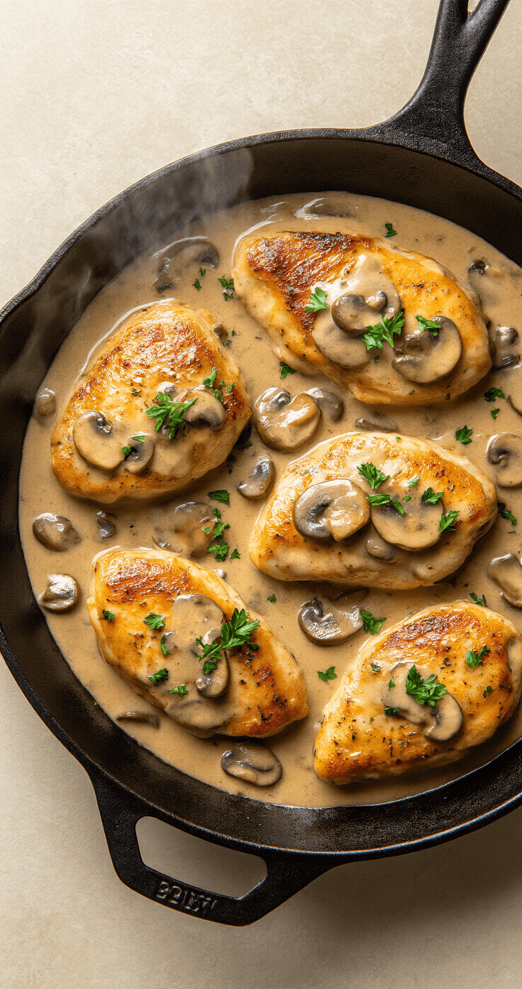 Overhead shot of a cast-iron skillet with golden-brown chicken breasts in creamy mushroom sauce, with steam rising and fresh parsley on top.