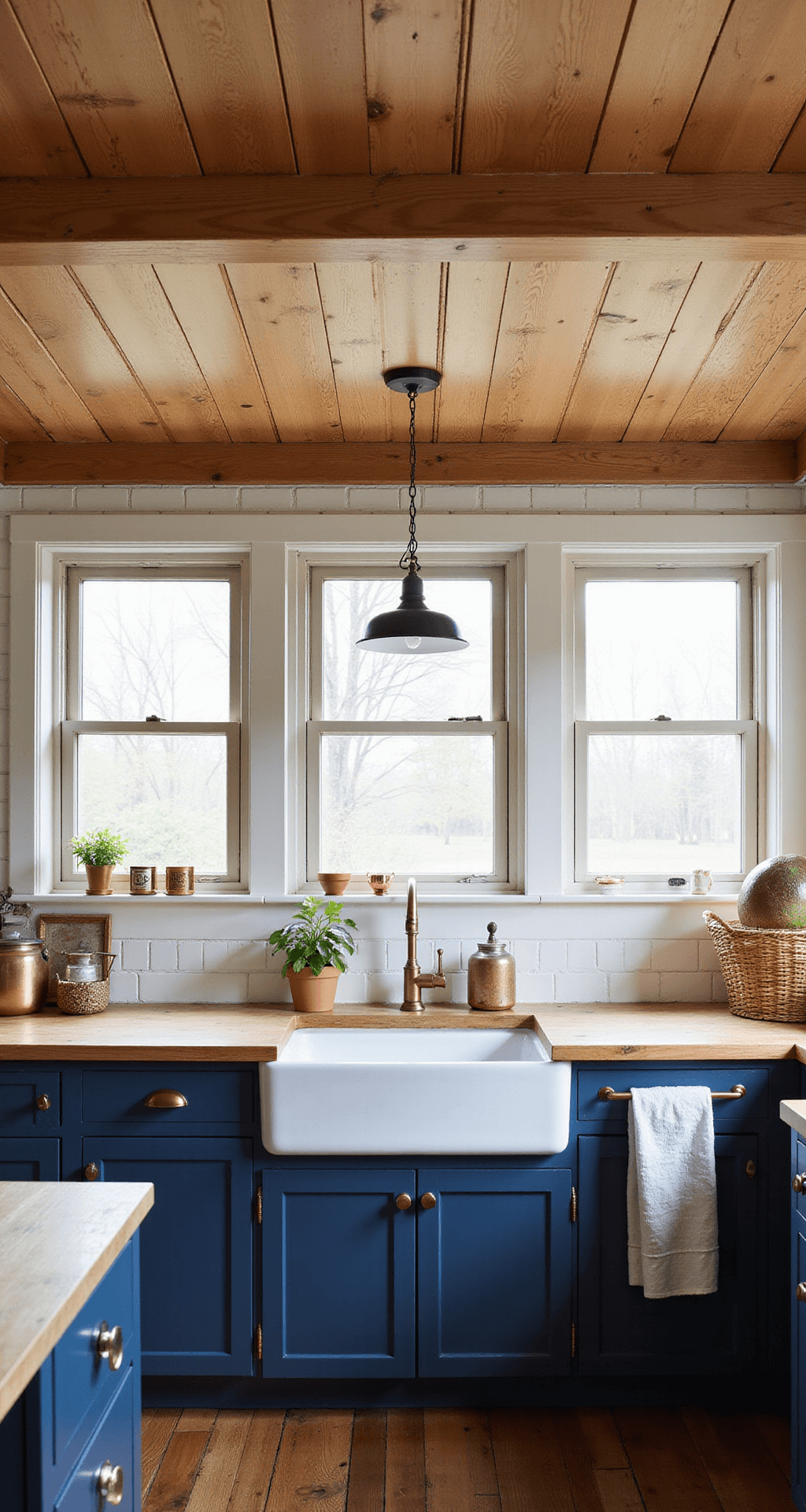 Cozy farmhouse kitchen with navy beadboard cabinets, butcher block counters, and white farmhouse sink, featuring vintage copper pulls and a subway tile backsplash. Natural light and warm artificial lighting illuminate the space, styled with antique copper pots and fresh produce.