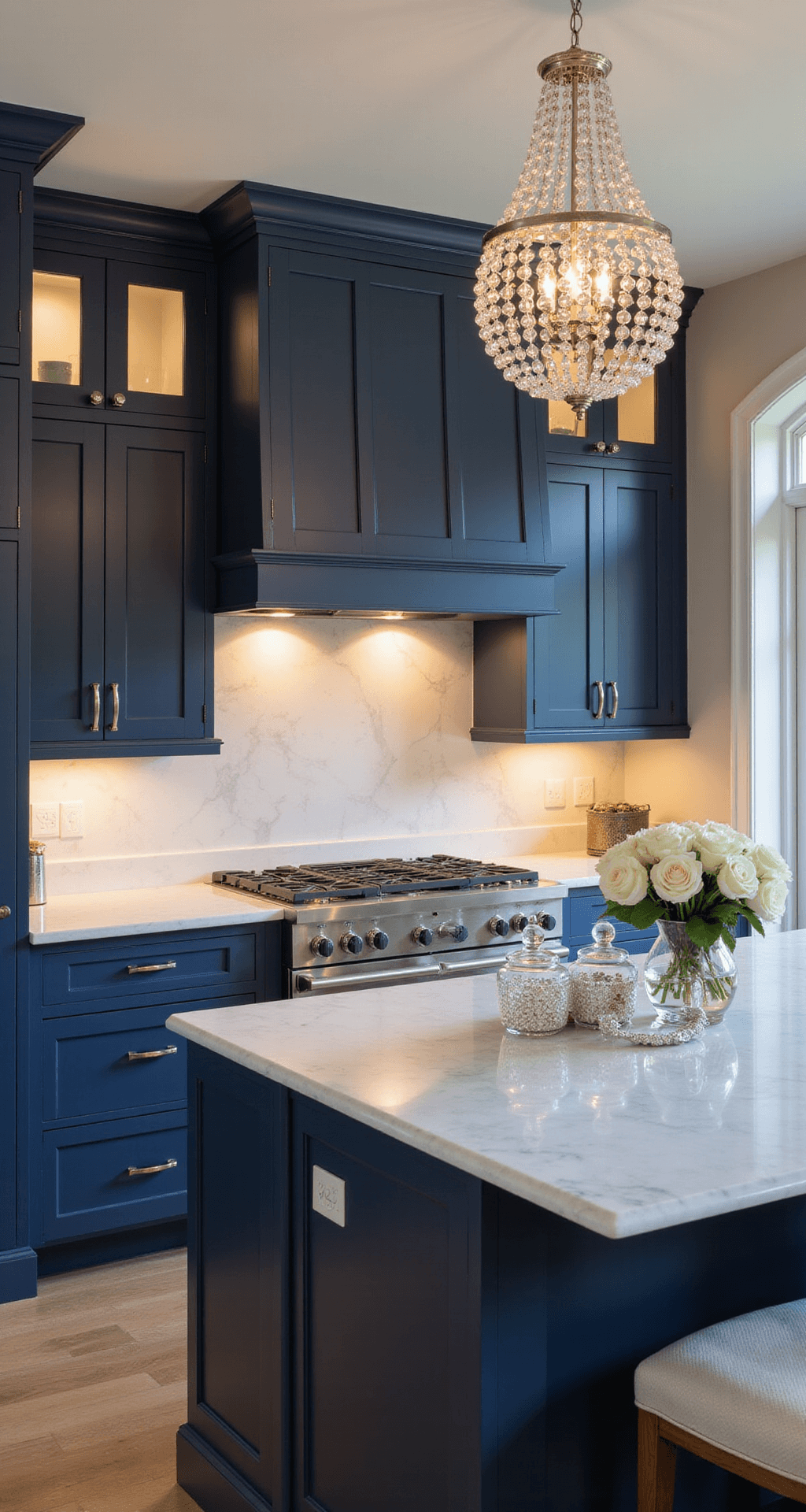 A grand navy and marble kitchen featuring arched doorways, polished nickel hardware, and a dramatic white marble backsplash, illuminated by warm evening light and a crystal chandelier over a large island, styled with silver tea service and white roses.