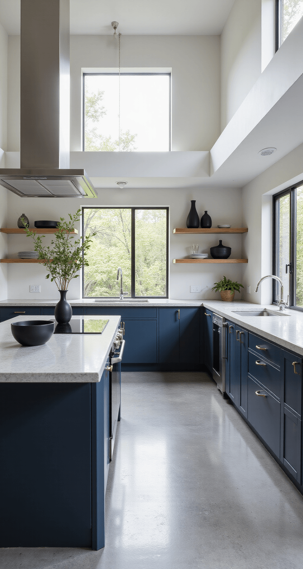 Contemporary open-concept kitchen with navy flat-panel cabinets, light gray concrete countertops, and wooden floating shelves, featuring floor-to-ceiling windows, black ceramics, sculptural plants, and minimalist chrome accessories, bathed in early afternoon light.