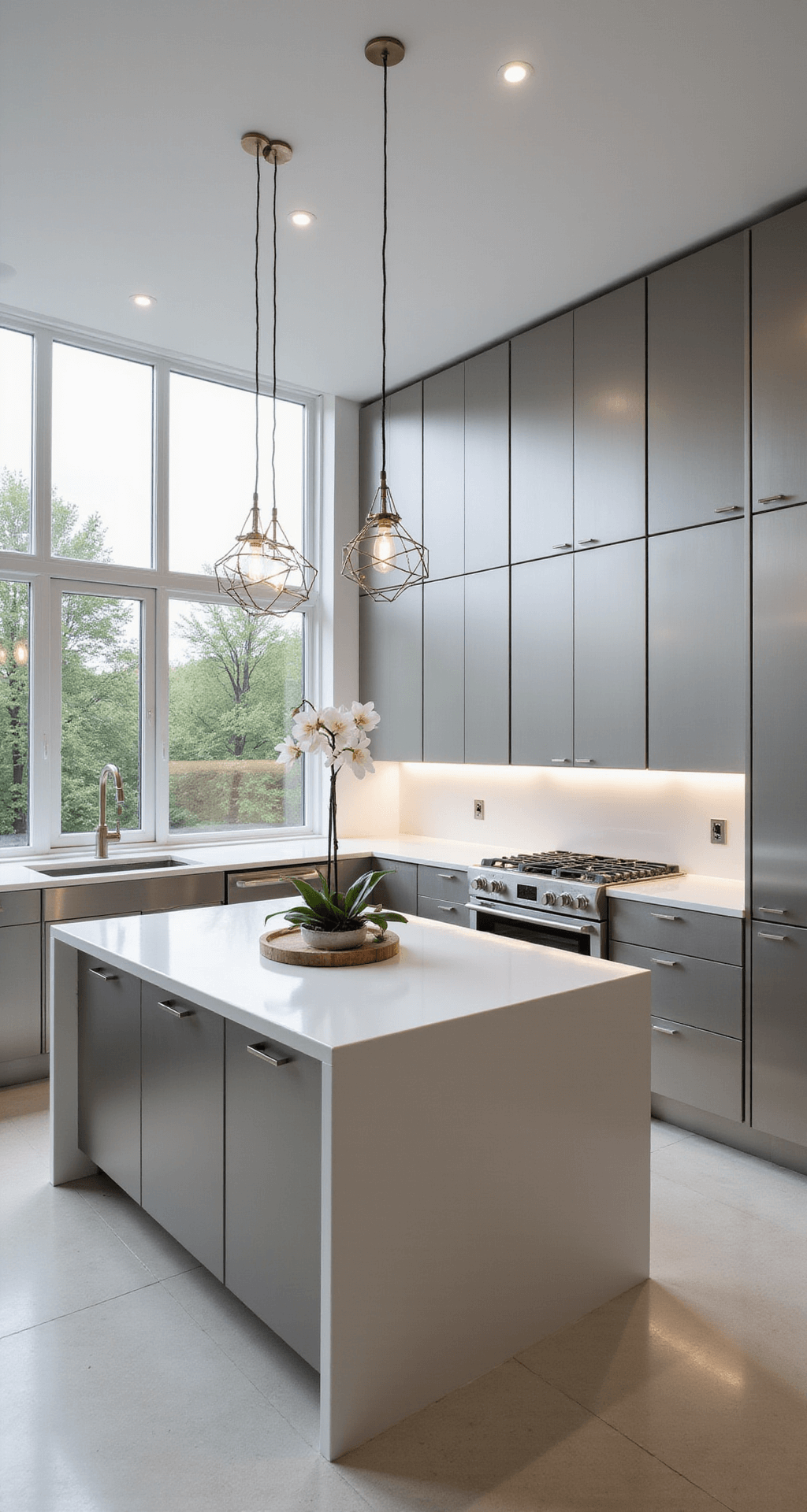 A modern minimalist kitchen featuring floor-to-ceiling matte silver aluminum cabinets, a central island with a white quartz waterfall countertop, and stainless steel appliances, illuminated by morning light through large windows, with cool white LED under-cabinet lighting and a single architectural orchid on the countertop.