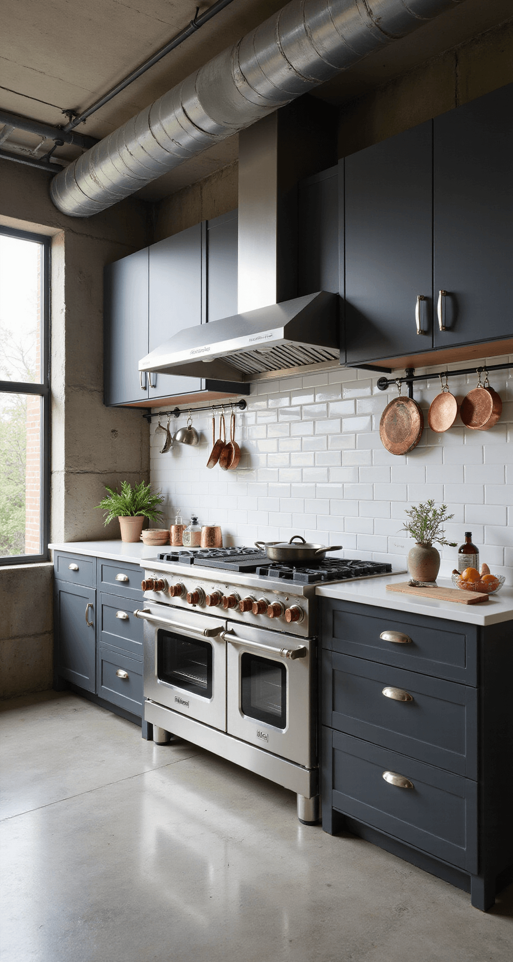 Industrial chic open-concept kitchen with exposed concrete ceiling, metal ductwork, and charcoal aluminum cabinets. Sunlight filters through industrial windows, highlighting a professional-grade range and white subway tile backsplash. A copper cookware display and potted herbs add warmth to the deep gray and stainless steel color palette.