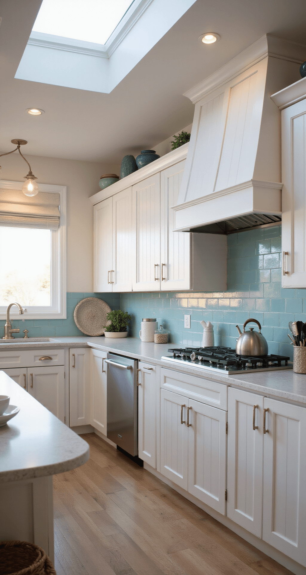 Contemporary coastal kitchen featuring pearl-white aluminum cabinets, a pale blue glass backsplash, and a curved peninsula with a breakfast bar, illuminated by golden hour light and warm LED recessed lighting, with a color palette of white, sea glass blue, and sandy beige.