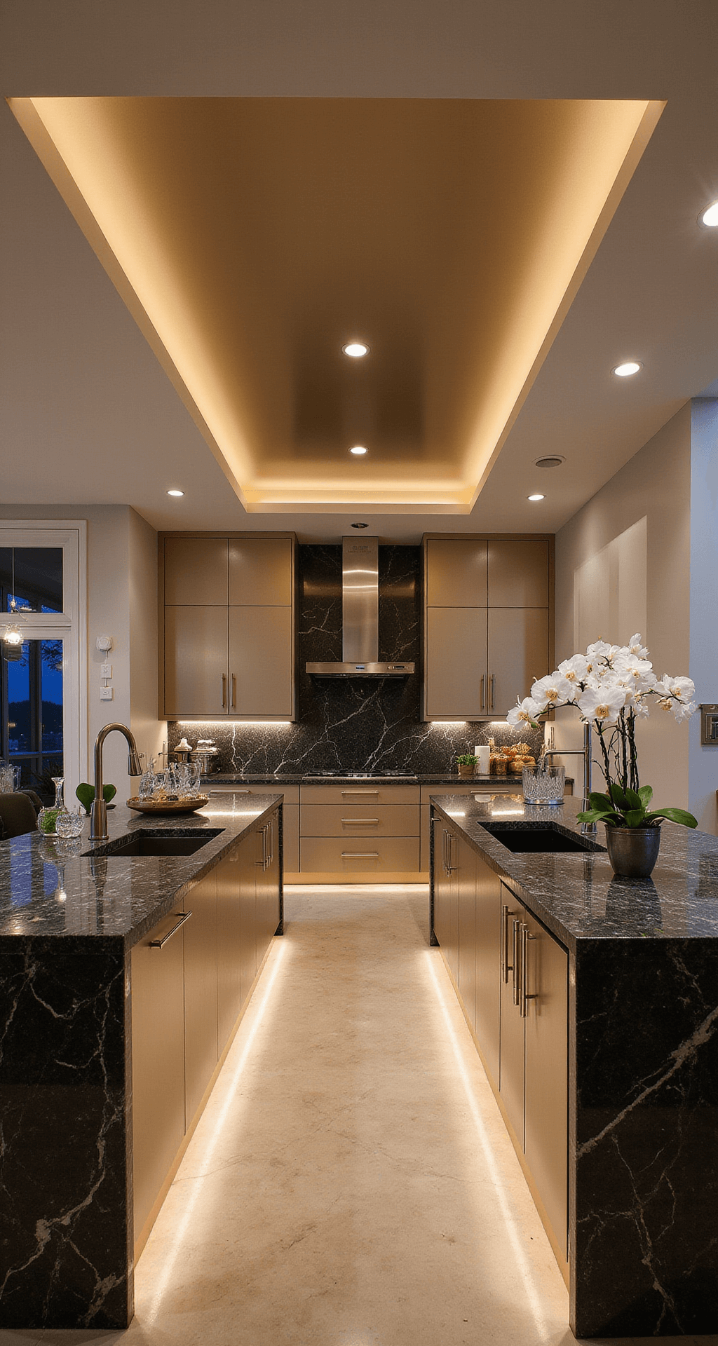 A luxurious 16x22ft urban kitchen featuring Champagne-finished aluminum cabinets, double islands with dark veined marble waterfall edges, and dramatic evening lighting. The space is adorned with layered lighting from chandeliers, sconces, and cabinet lights, showcasing metallic surfaces, marble, and mirrors. Styled with orchids and crystal decanters, the warm metallics, cream, and charcoal color palette enhance the elegance of the room.