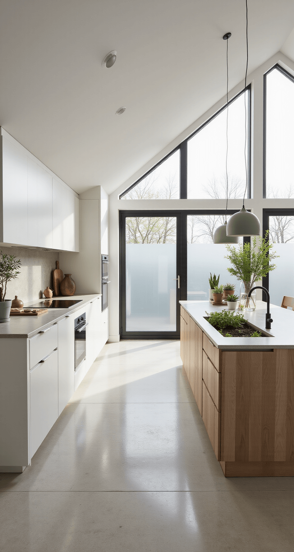 Bright Scandinavian-inspired kitchen featuring pitched ceiling, frosted windows, matte white aluminum cabinets, and wooden accents. A peninsula with a built-in herb garden highlights clean lines, complemented by natural light and a soothing palette of white, pale ash wood, and sage green. Decorated with potted plants and minimal wooden accessories, the space exudes a fresh, airy ambiance.