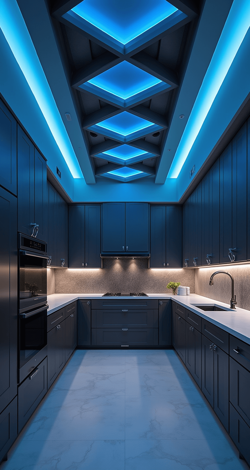 A modern smart kitchen featuring graphite aluminum cabinets, geometric ceiling details, and LED color-changing ambient lighting, designed with a dark gray and electric blue color palette, showcasing seamless integration of smart appliances and advanced finishes.