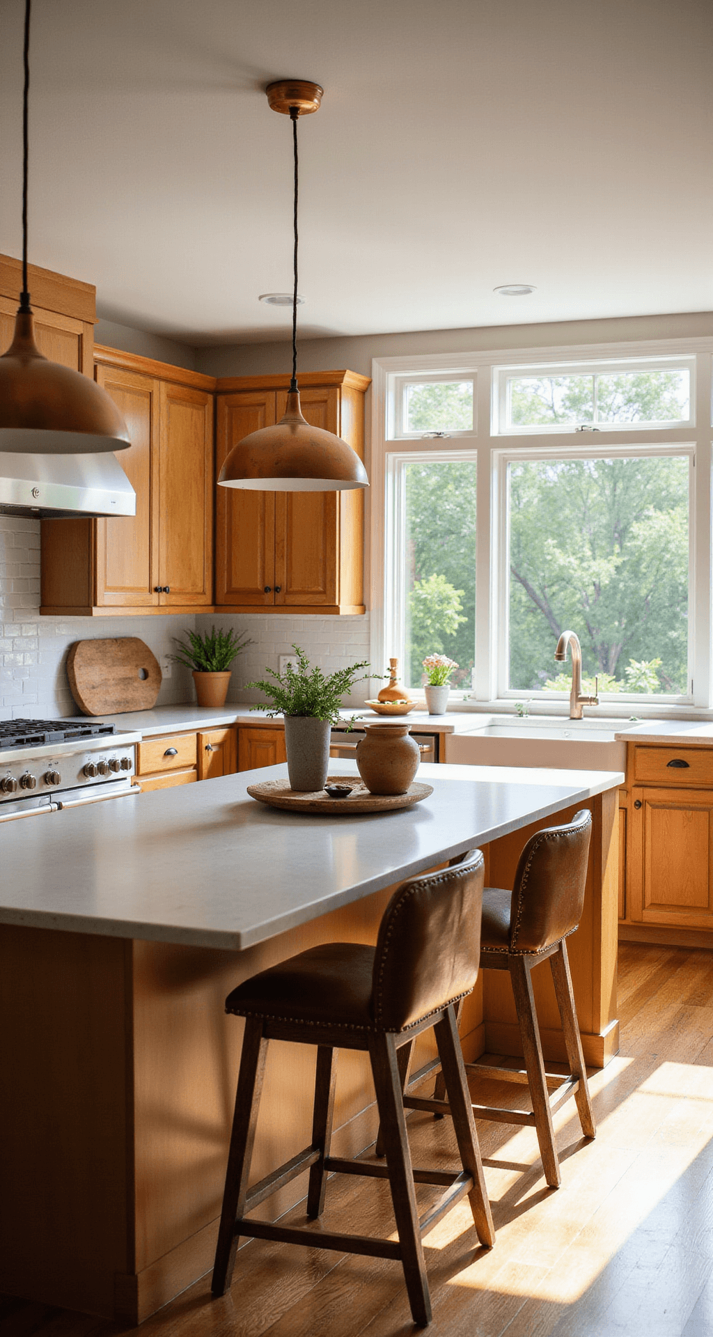 A spacious kitchen featuring warm morning light, knotty alder cabinets, white quartz countertops, stainless steel appliances, a center island with leather barstools, and copper pendant lights, styled with artisanal pottery and fresh herbs.