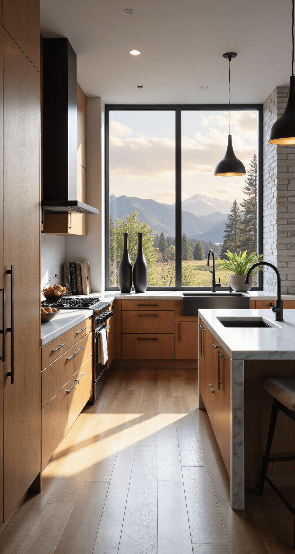 Modern transitional kitchen featuring knotty alder cabinets with dark bronze hardware, a minimalist white marble waterfall island, and floor-to-ceiling windows showcasing mountain views, all illuminated by soft natural backlight.
