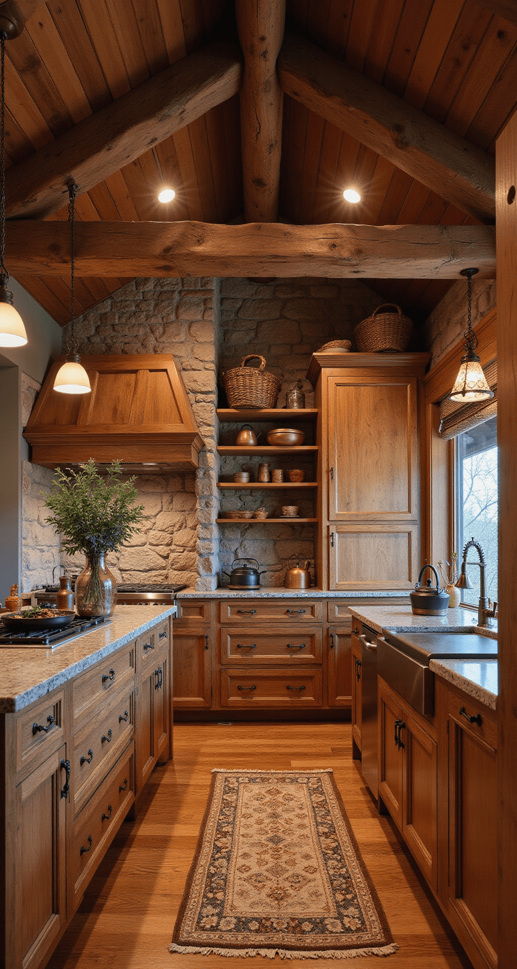Cozy cabin-style kitchen with rustic knotty alder cabinets, vaulted ceiling with exposed beams, and stone backsplash, featuring a wide-angle view from the doorway during blue hour, adorned with vintage copper kettles, woven baskets, and hanging dried herbs.