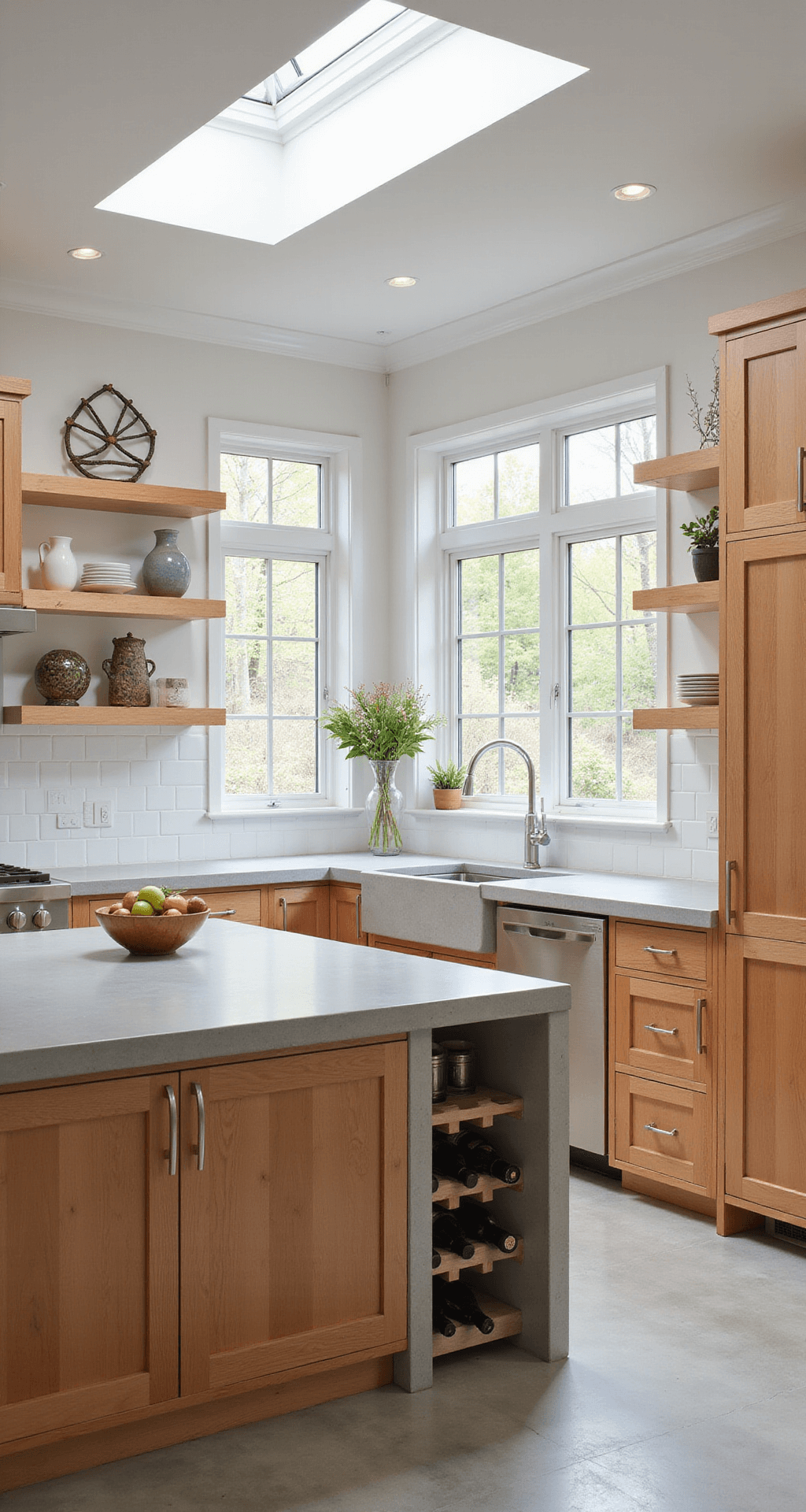 A sun-filled contemporary kitchen featuring Plymouth-style knotty alder cabinets, a white subway tile backsplash, and a concrete waterfall island. Floor-to-ceiling windows illuminate the space, with minimalist ceramic displays on floating shelves. Decorative elements include a sculptural fruit bowl, a modern wine rack, and potted succulents, all harmonizing in natural alder, bright white, and gray tones.