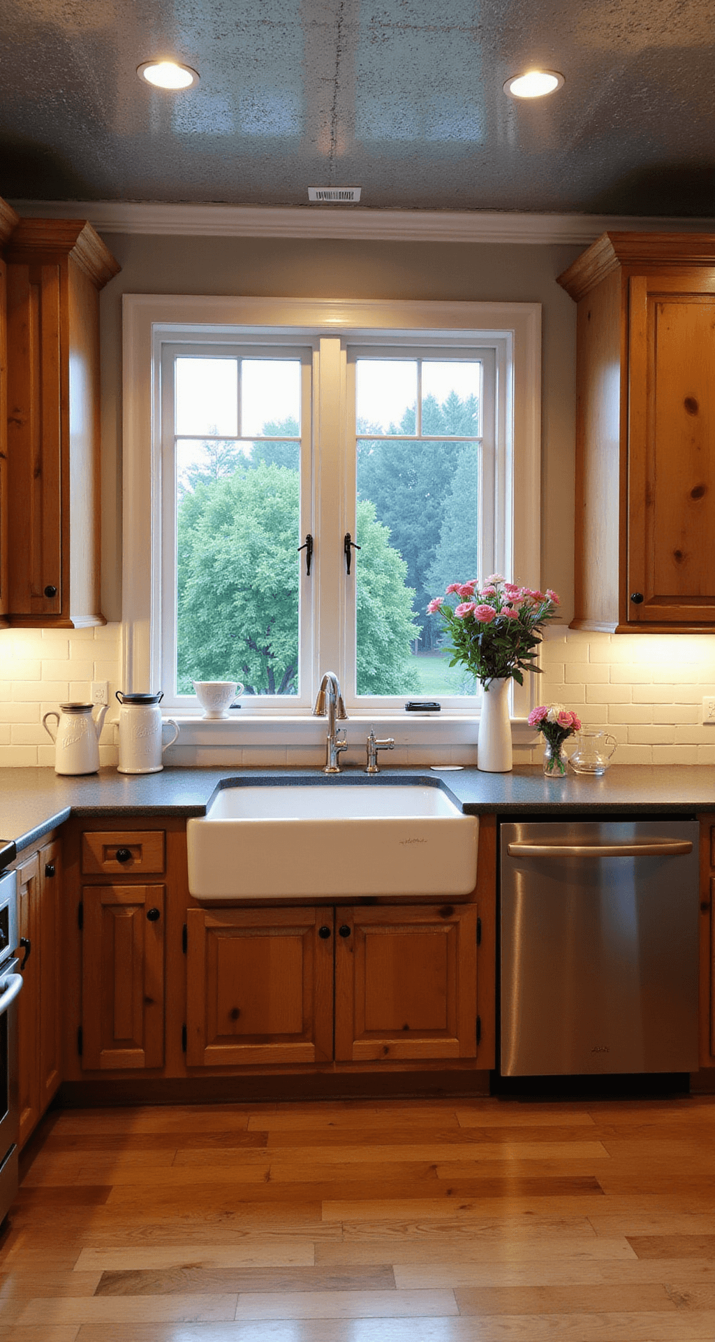Elegant farmhouse kitchen at dusk featuring knotty alder cabinets, vintage decor, and soft lighting, showcasing a double farmhouse sink and French doors opening to a garden.