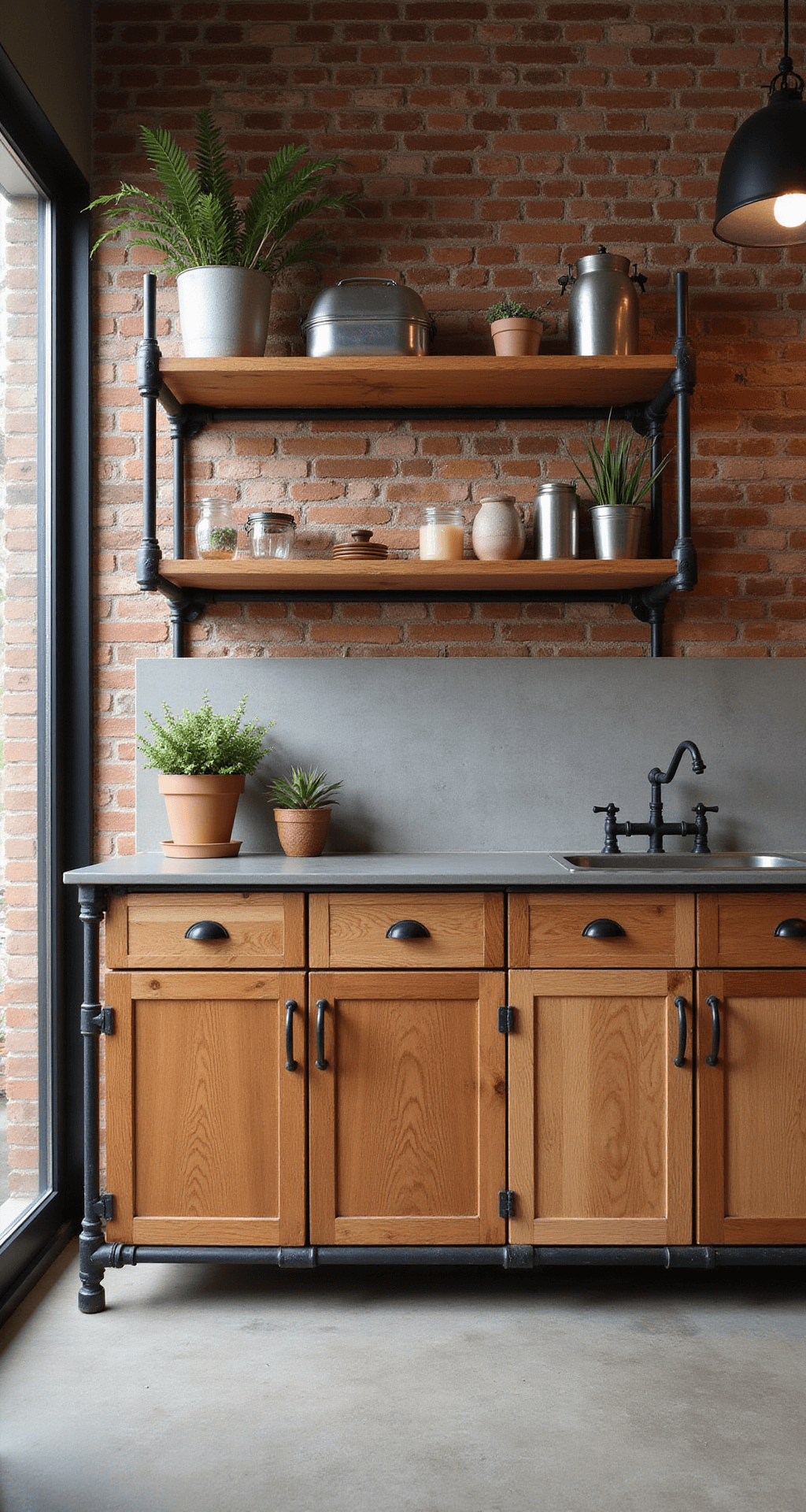 Industrial-modern kitchen featuring knotty alder cabinets with flat panel doors and black metal pulls, an exposed brick wall, and polished concrete floors. The image captures a symmetrical cabinet layout under natural afternoon light, accented by metal pipe shelving, industrial light fixtures, and architectural plants.
