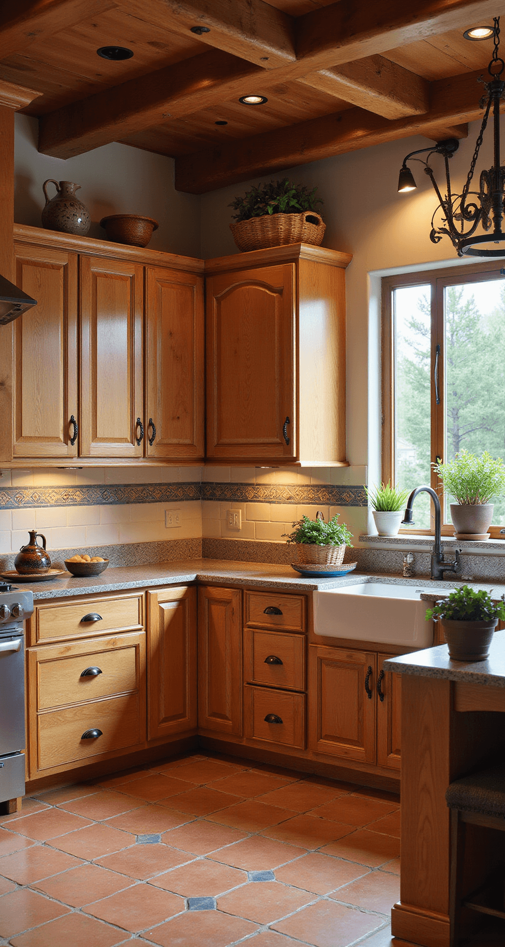 A Mediterranean-inspired kitchen featuring knotty alder cabinets with arched panel doors and ornate bronze hardware, set in morning light. The terracotta tile floor and hand-painted tile backsplash complement the wood-beamed ceiling and wrought iron chandelier. The image captures the corner view, highlighting cabinet details and room depth, styled with ceramic olive oil vessels, woven baskets, and potted herbs, in a palette of warm wood, terracotta, deep blues, and greens.