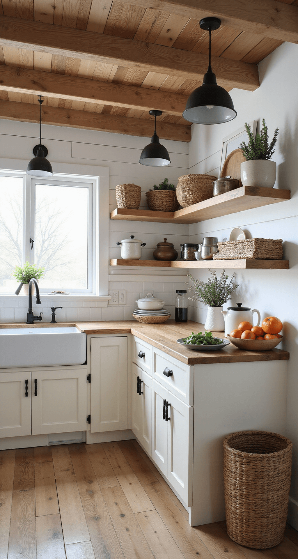 Modern farmhouse kitchen featuring exposed wooden beams, creamy cabinets with matte black hardware, and a shiplap accent wall. Early morning light filters through cafe curtains, illuminating vintage enamelware and fresh market produce on open shelving, with wide-plank oak flooring adding warmth.