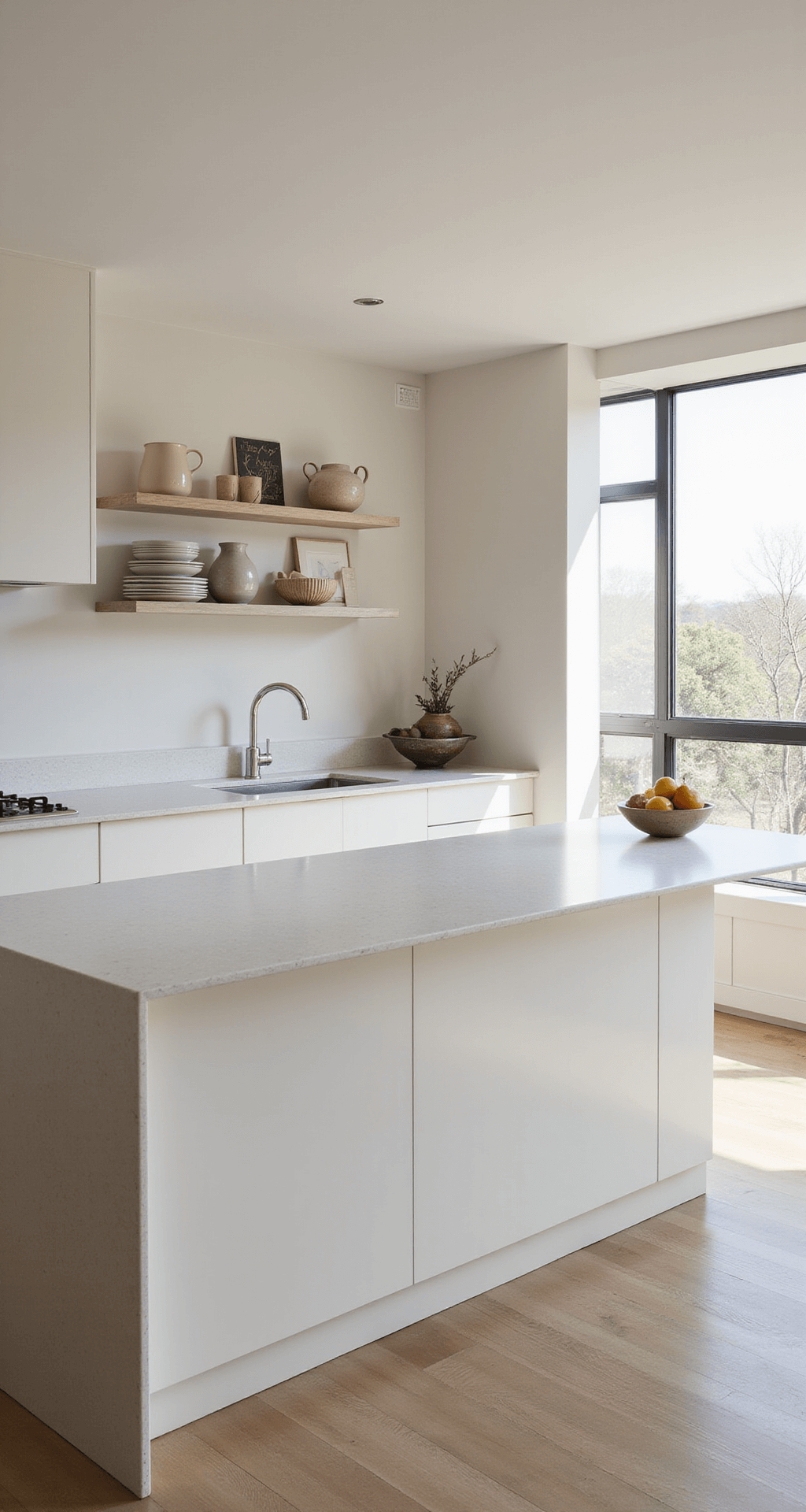 A minimalist contemporary kitchen featuring floor-to-ceiling windows, handleless white cabinets, a waterfall quartz island, and floating pale ash shelves, illuminated by bright natural light that casts clean shadows.