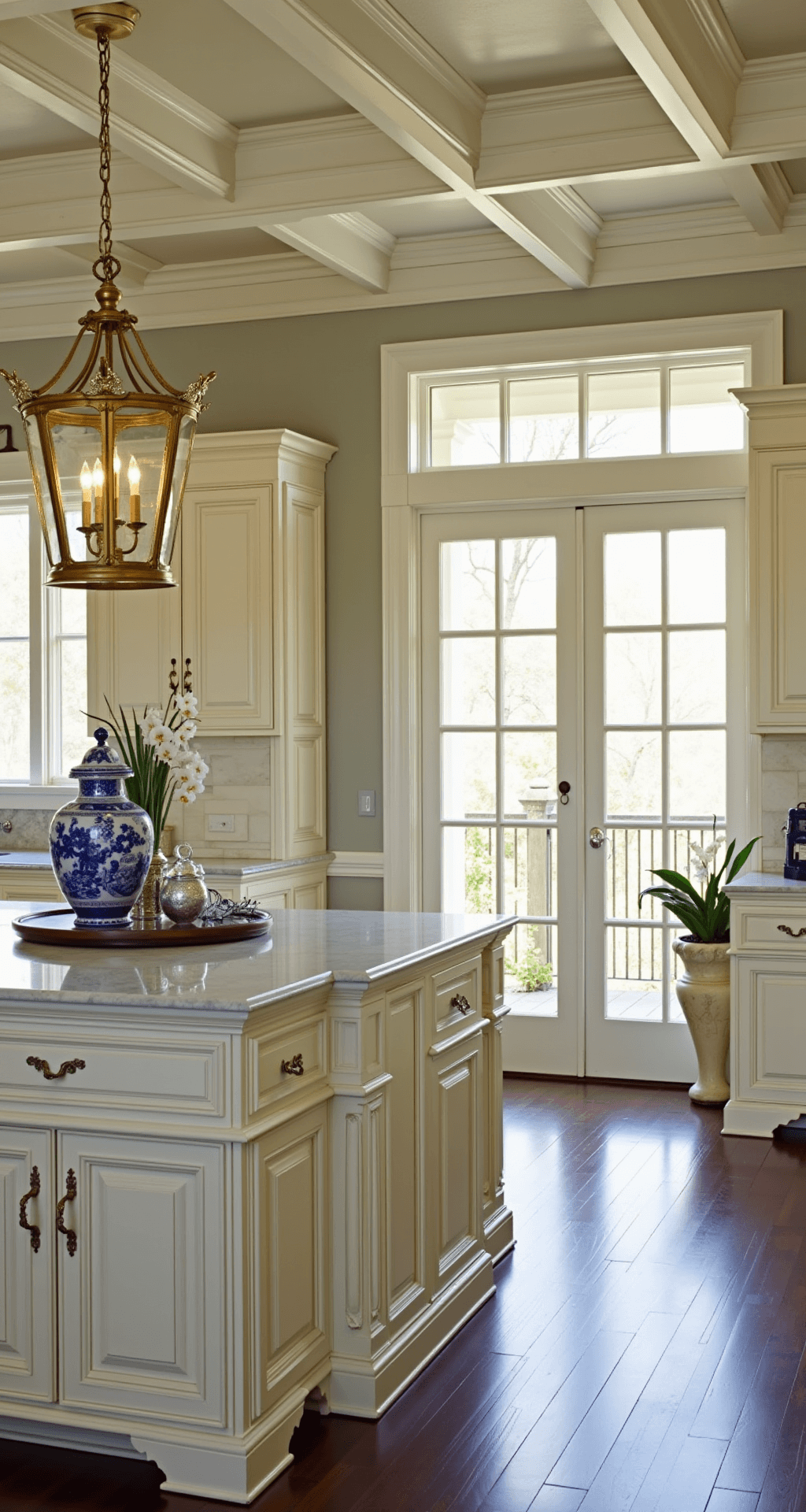Elegant traditional kitchen featuring coffered ceiling details, cream raised-panel cabinets, and antique brass lanterns over a marble-topped island. Late afternoon light streams through French doors, highlighting architectural millwork and decorative accents, including blue-and-white chinoiserie and potted orchids. Warm cream and soft white colors blend with aged brass and navy accents, enhanced by dramatic side lighting.