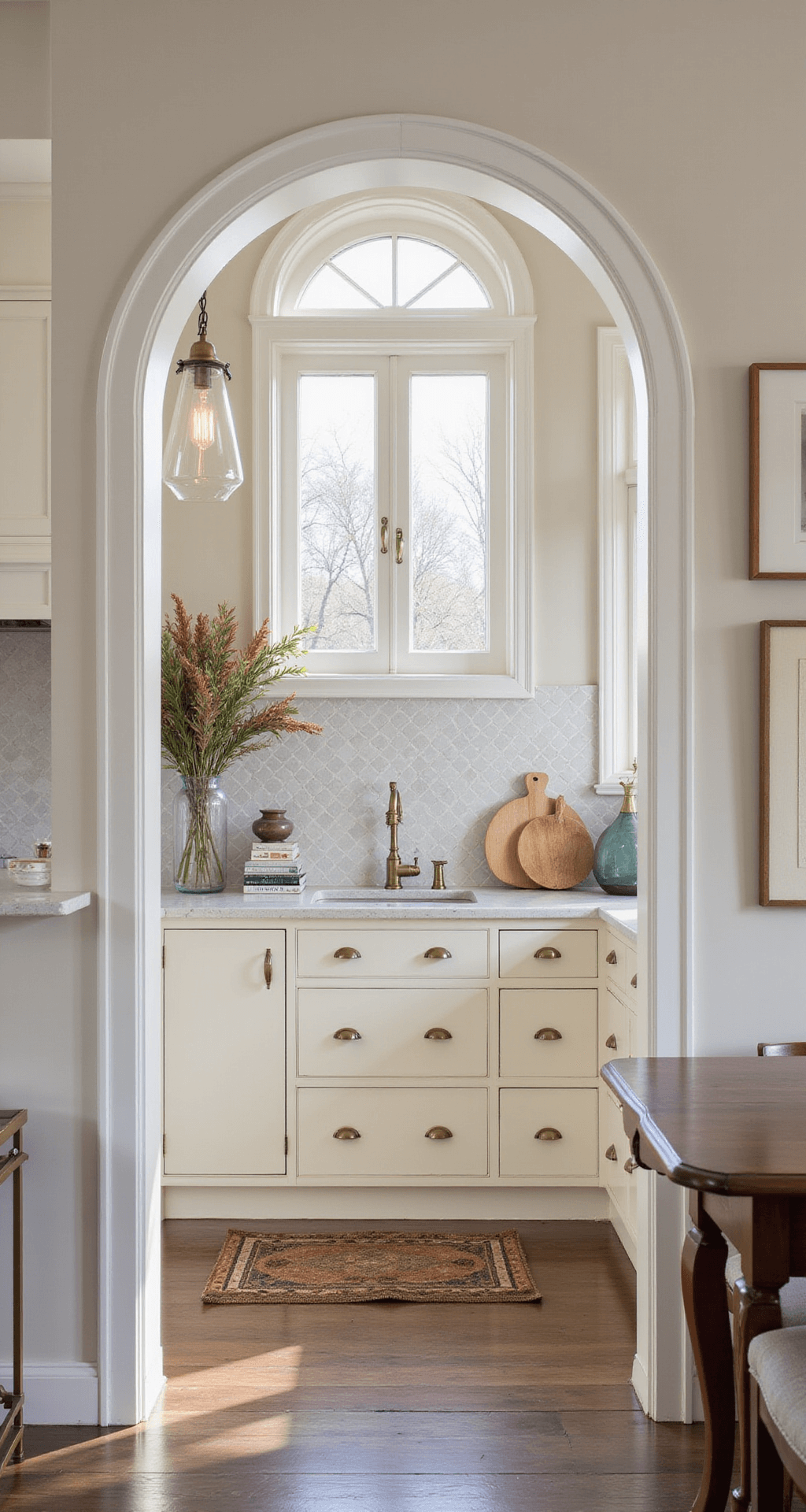 Transitional open-concept kitchen featuring cream cabinets with mixed brass and nickel hardware, herringbone tile backsplash, and a breakfast nook. The space is illuminated by dawn light and includes decorative elements like geometric vases and vintage cutting boards, all set in a muted color palette of creams and earth tones.