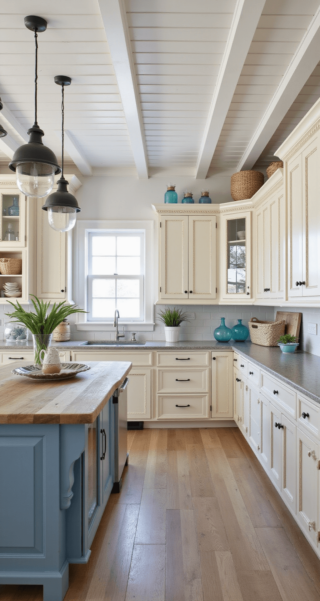 A high-angle shot of a coastal-inspired kitchen featuring cream cabinets with rope detail molding, a blue-gray island with a driftwood top, and white-washed ceiling beams, all illuminated by bright midday seaside light. The decor includes seagrass baskets, blue glassware, and shell collections, showcasing a blend of painted wood, natural fibers, and weathered textures in colors of cream, coastal blue, sandy beige, and whitewashed tones.