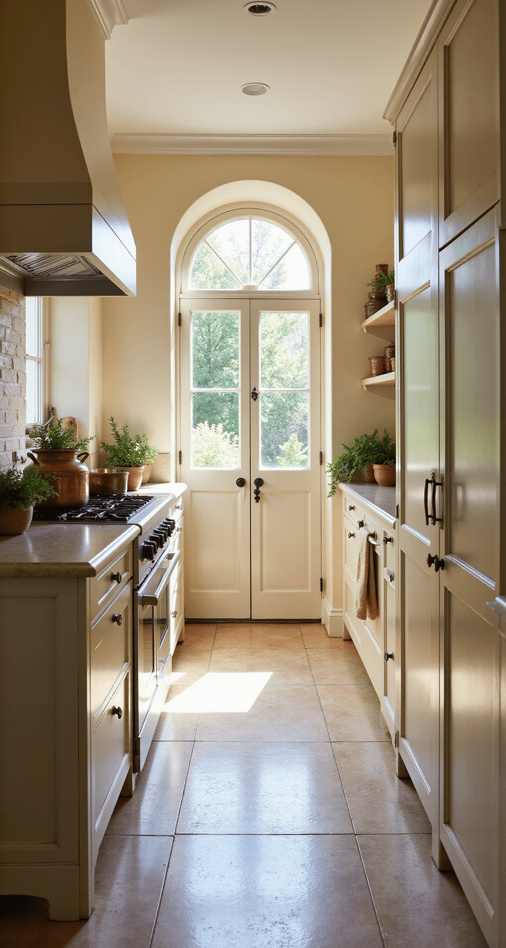A European-influenced kitchen with cream cabinets and antique bronze hardware, featuring limestone flooring in warm honey tones. The space is illuminated by soft afternoon light through garden windows, highlighting copper pots, fresh herbs, and artisanal ceramics. An arched doorway adds classical proportions to the room.