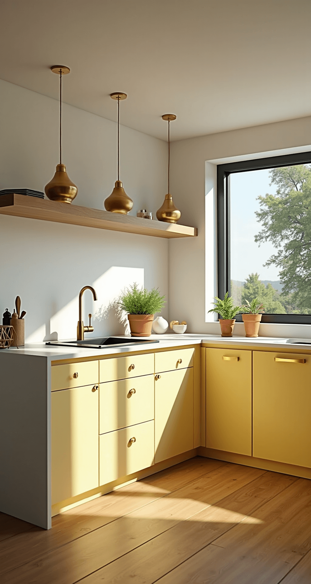 A contemporary butter yellow kitchen at golden hour, featuring flat-panel cabinets, white quartz countertops, brass pendant lights, and white oak flooring. Natural light casts shadows across the space, adorned with artisanal ceramics and fresh herbs in copper planters.