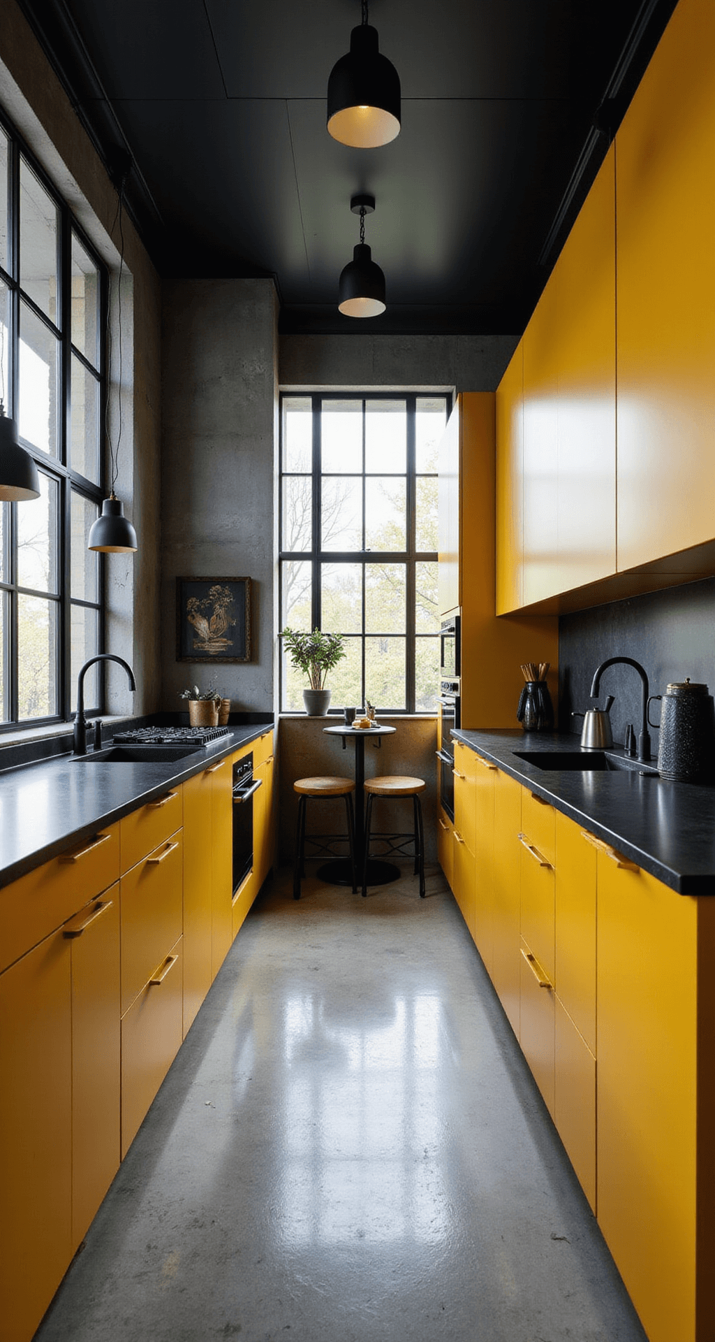 Dramatic galley kitchen with marigold yellow handleless cabinets, matte black countertops, and exposed concrete floors, featuring morning light through industrial grid windows and black pendant lights, styled with geometric accessories and minimalist art.