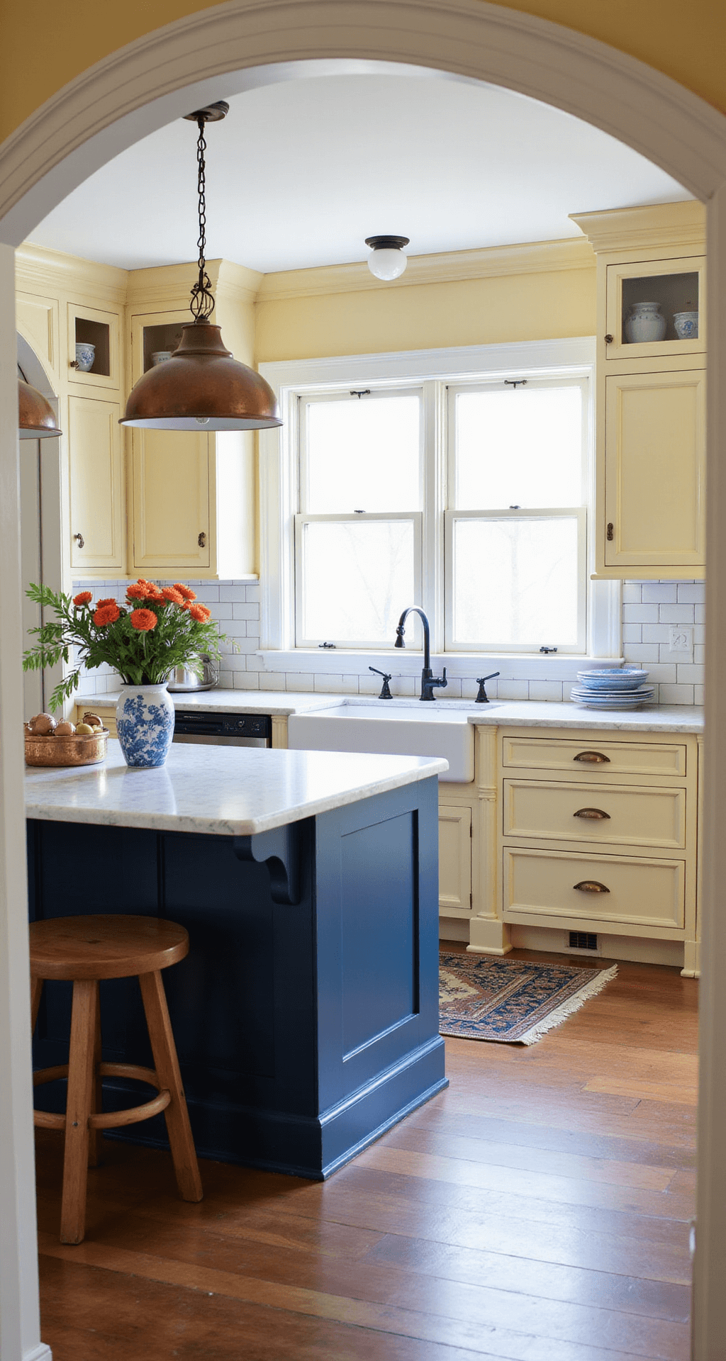 A Victorian-style kitchen featuring soft yellow Shaker cabinets, a navy blue island, marble countertops, and a subway tile backsplash. The room is illuminated by afternoon light through bay windows, showcasing vintage-style pendant lighting. Decor includes copper cookware, blue-and-white chinaware, and fresh flowers, set in a warm color palette of buttercream yellow, navy blue, classic white, and aged copper. The view is from the entrance archway.