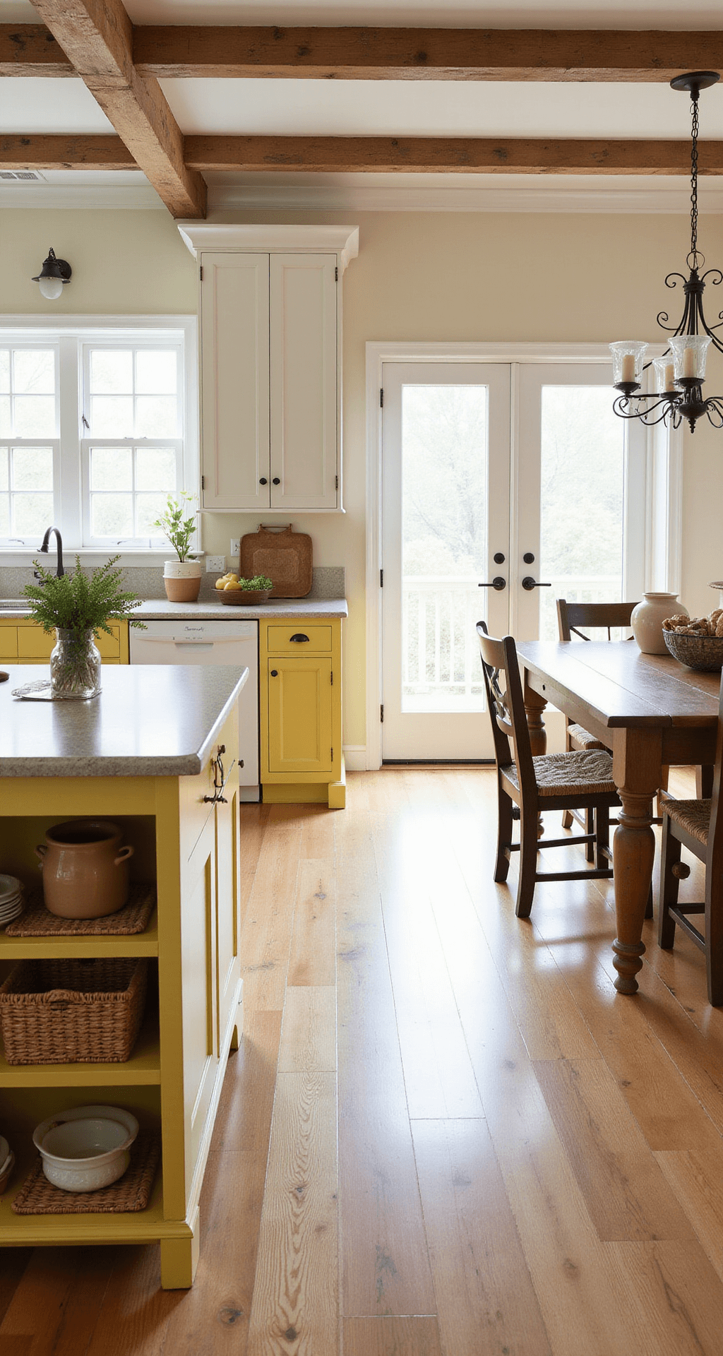 A spacious country kitchen featuring creamy yellow lower cabinets and white upper cabinets, with exposed beams, wide plank pine floors, and a vintage chandelier. Natural light streams through French doors, highlighting woven baskets, earthenware crocks, and dried herbs in a rustic yet refined setting.