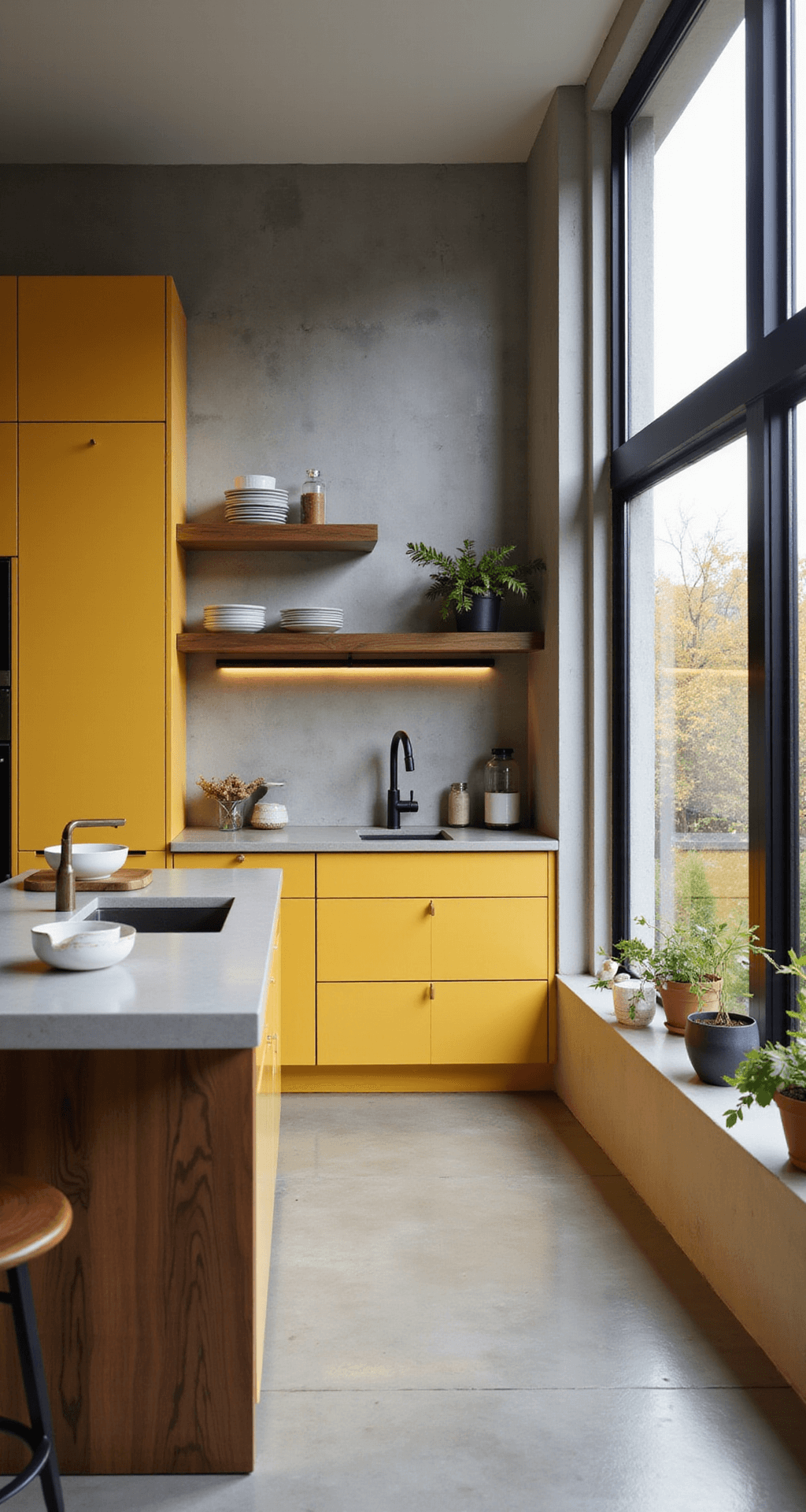 A contemporary open-concept kitchen featuring mustard yellow tall cabinets surrounding a walnut wood island, with concrete countertops and floor-to-ceiling windows providing natural light. LED strip lighting enhances the ambiance, complemented by minimalist ceramics, sleek appliances, and potted plants in a warm gray color palette.