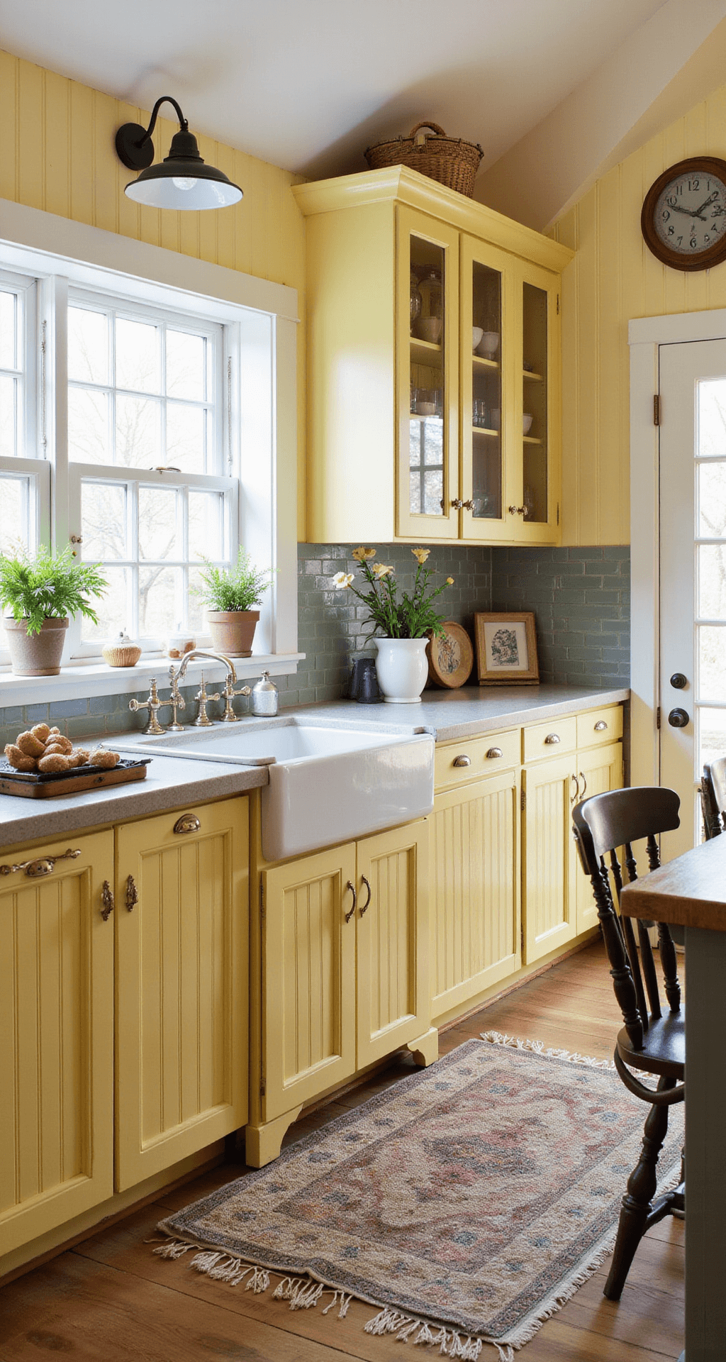 Cozy cottage kitchen with soft yellow beadboard cabinets and soapstone counters, illuminated by morning light through mullioned windows, featuring an inviting arrangement of ironstone and fresh flowers.