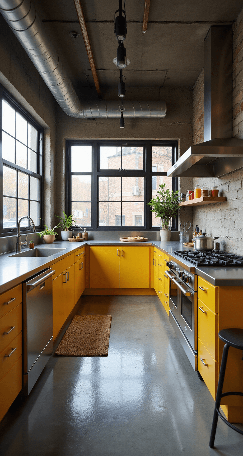 A bright yellow and metal industrial kitchen in a 13x15ft urban loft, featuring sunshine yellow metal cabinets with stainless steel accents, polished concrete floors, and dramatic evening light through warehouse windows. The elevated view showcases the efficient workflow, complemented by industrial track lighting, professional cookware, metal bar stools, and modern art. The color palette includes bright yellow, steel gray, and polished chrome, reflecting a raw industrial atmosphere.