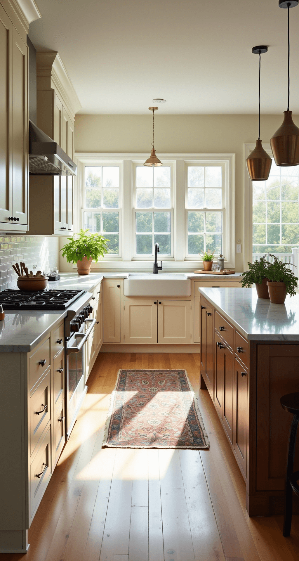 A spacious kitchen with cream shaker-style cabinets, Carrara marble countertops, and a large island, illuminated by morning sunlight through floor-to-ceiling windows. The natural oak floors, copper cookware, fresh herbs in terracotta pots, and a vintage rug in muted tones create a warm, inviting atmosphere.