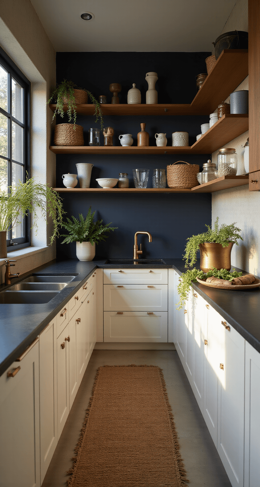 A cozy galley kitchen featuring cream flat-panel cabinets, matte black hardware, and soapstone counters, illuminated by warm golden hour light. Open shelving displays artisanal ceramics, while woven baskets and trailing plants add character. A dark navy accent wall enhances depth. The scene is captured at eye level with soft focus.
