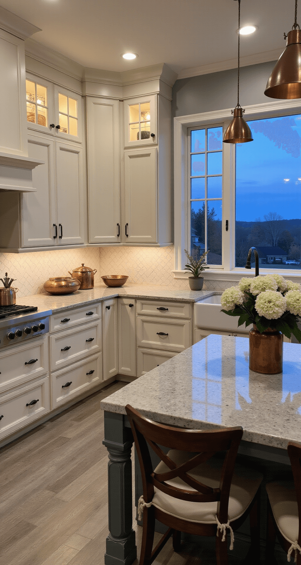 Aerial view of a transitional L-shaped kitchen featuring cream glass-front cabinets, quartzite counters, and a herringbone tile backsplash, styled with vintage copper pots and white hydrangeas, illuminated warmly during blue hour.
