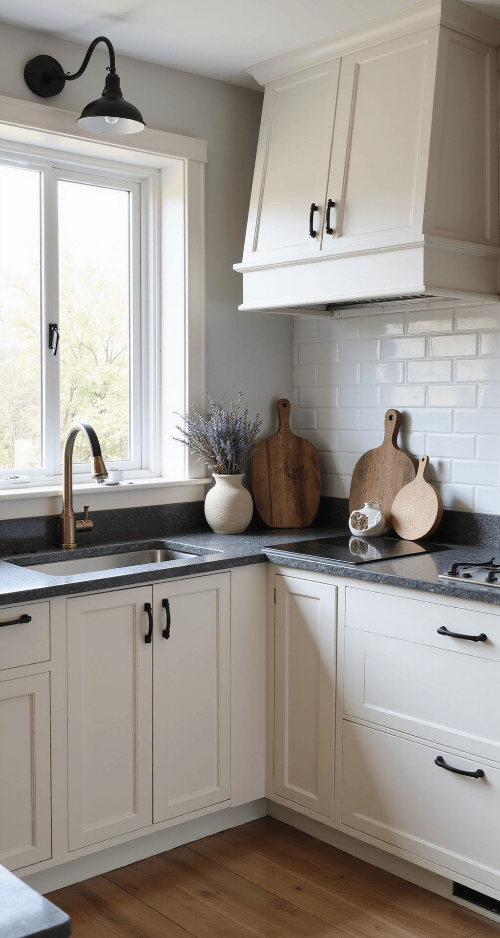 Corner view of a modern farmhouse kitchen featuring cream raised-panel cabinets, charcoal honed granite, and a custom range hood, illuminated by mid-afternoon light and industrial black sconces, styled with bread boards, pottery, and dried lavender.