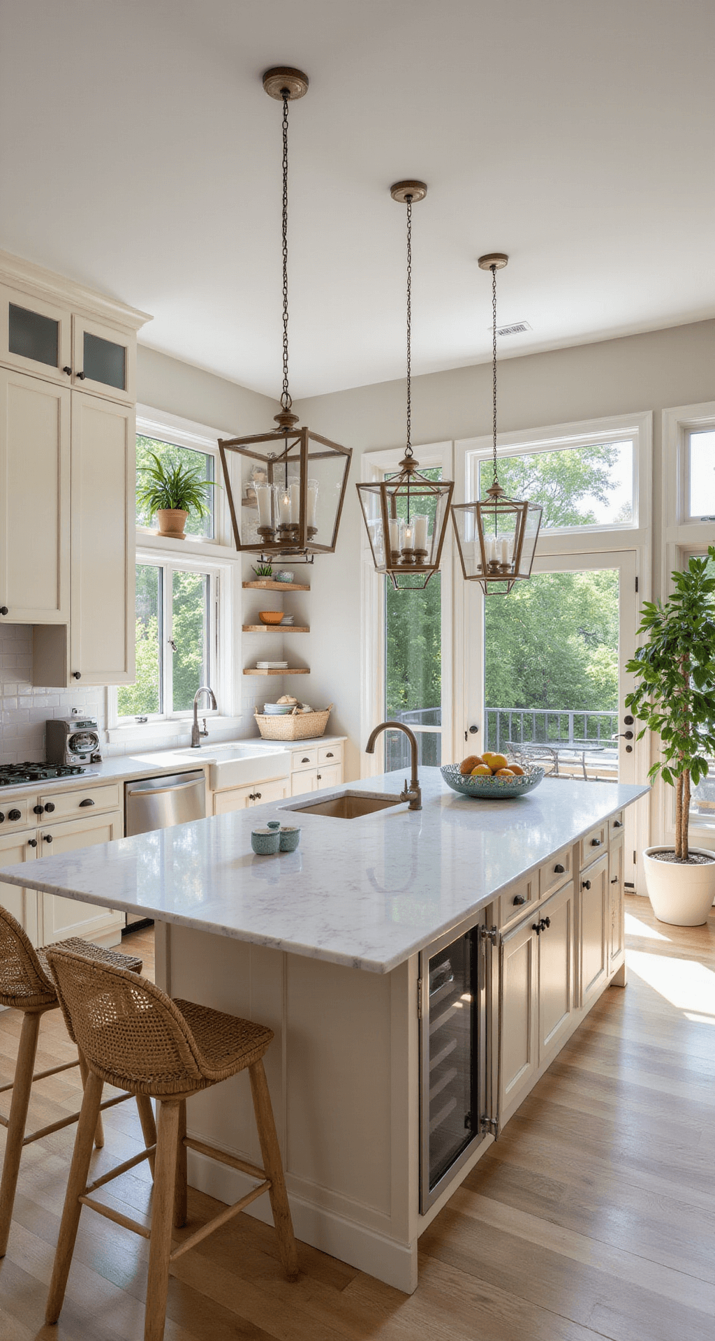 Bird's eye view of a spacious open-concept kitchen featuring mixed cream cabinets with solid and glass-front doors, a marble-look quartz waterfall island, geometric pendant lights, woven bar stools, and cascading greenery, all under bright midday lighting that highlights the architectural details.