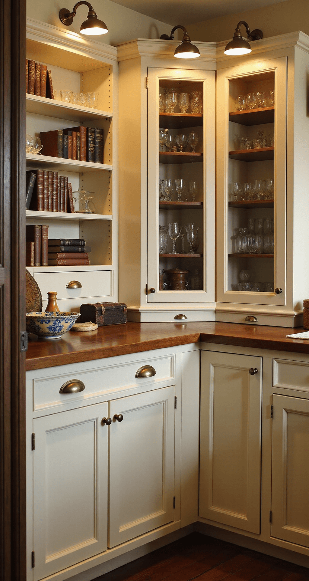Detail shot of a butler's pantry featuring cream cabinets, antique brass lights, wine storage, glass display cases, vintage glassware, leather-bound books, and rich wooden countertops, captured in moody evening lighting.