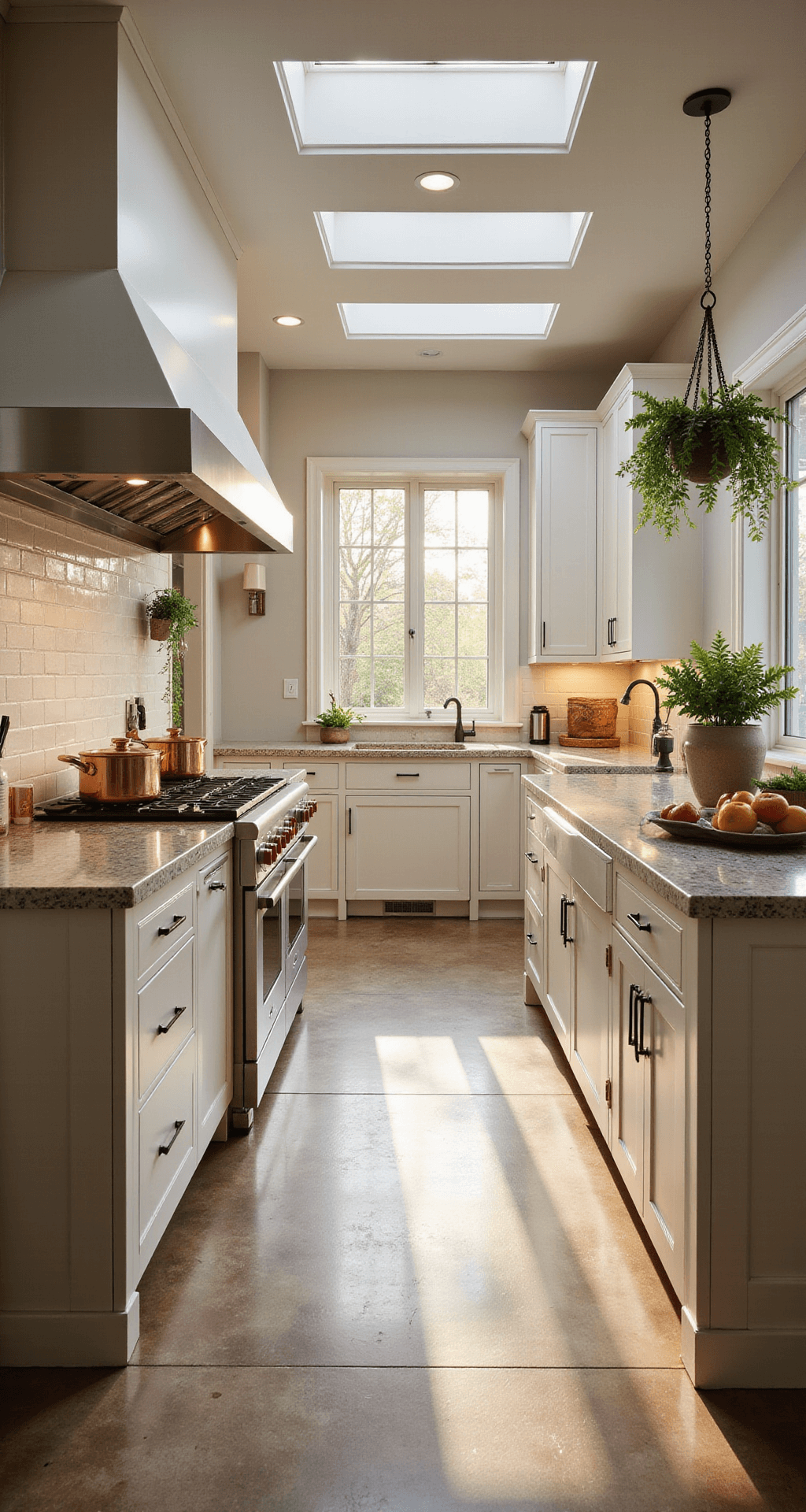 A wide-angle view of a spacious 20x24ft chef's kitchen at dawn, featuring cream cabinets with stainless steel accents, double islands with leathered granite, copper cookware, a professional range, and a hanging herb garden, illuminated by soft morning light filtering through skylights.
