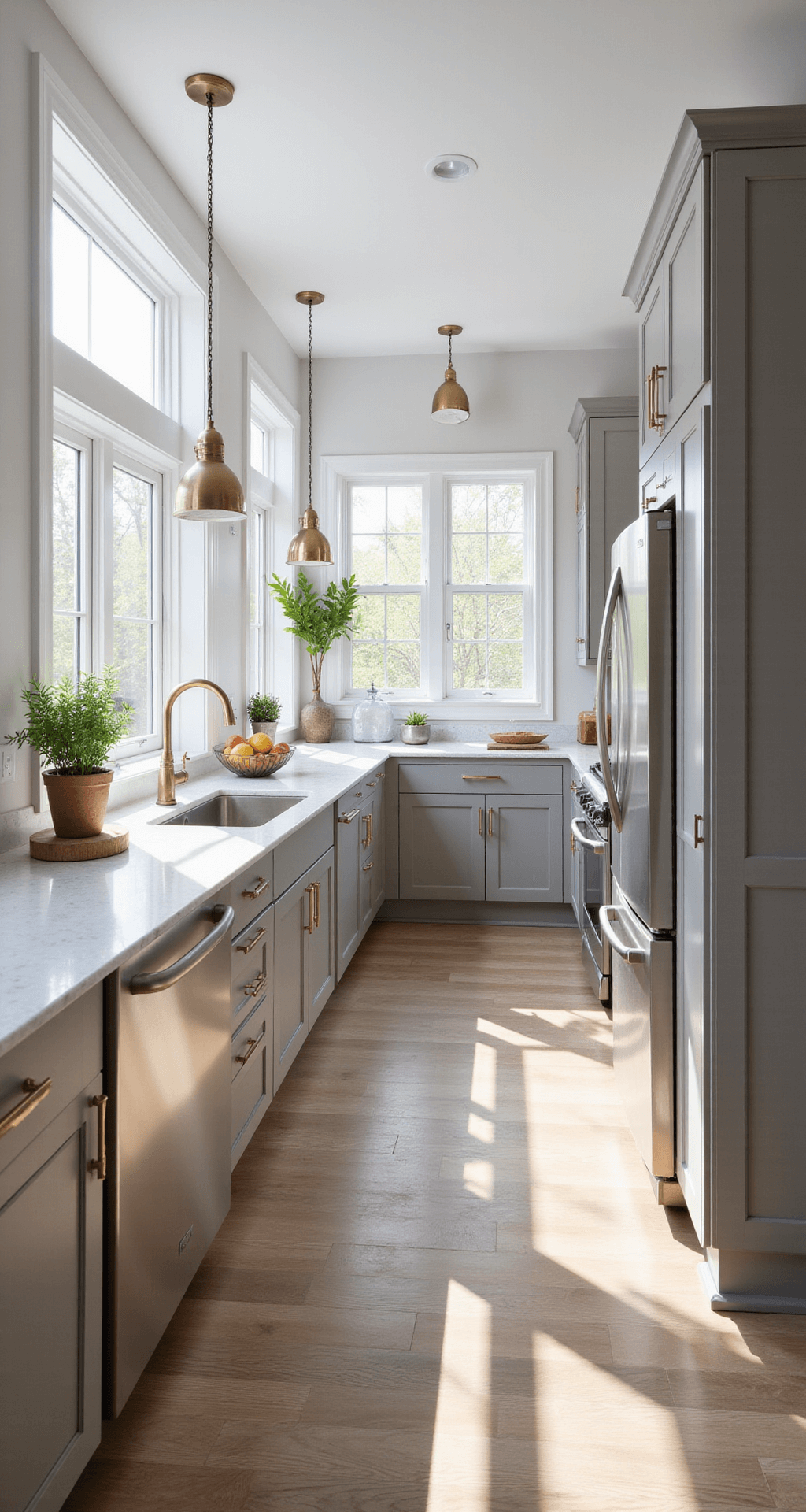 A modern kitchen featuring light taupe cabinets and a marble-topped island, illuminated by natural morning light from floor-to-ceiling windows, with white quartz countertops, stainless steel appliances, and warm wide-plank white oak flooring, styled with artisanal ceramics and fresh herbs in copper planters.