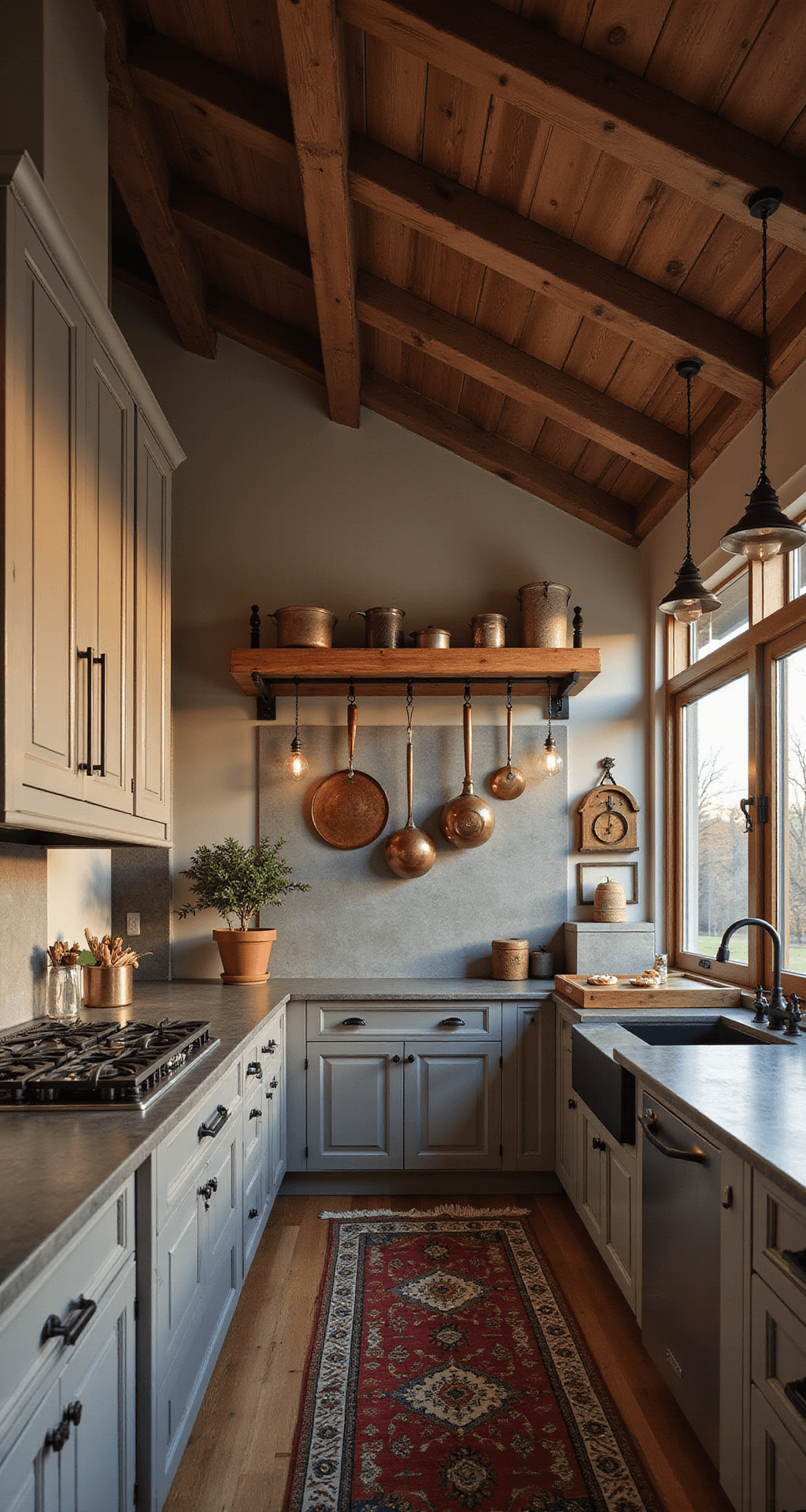 A large open-concept kitchen blending rustic and modern elements, featuring taupe cabinets, exposed wooden beams, vintage pendant lights, soapstone countertops, a farmhouse sink with a potted olive tree, and dramatic lighting at golden hour.