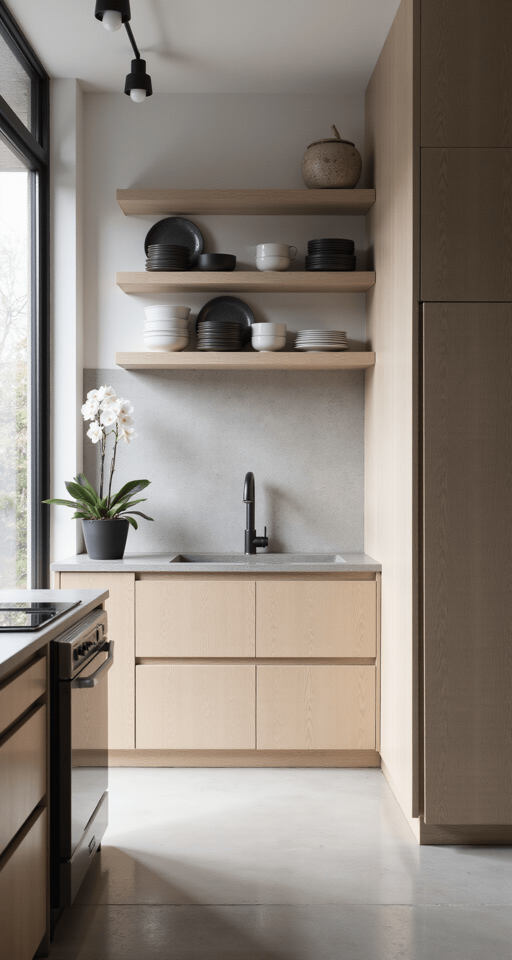 A minimalist contemporary urban kitchen featuring pale oak handle-less cabinets, concrete waterfall edge countertops, and a floor-to-ceiling window wall, flooded with diffused light. The overhead view showcases a geometric layout, organized open shelving with monochrome dishes, and a single orchid, with sharp shadows and high contrast lighting highlighting the architectural details.