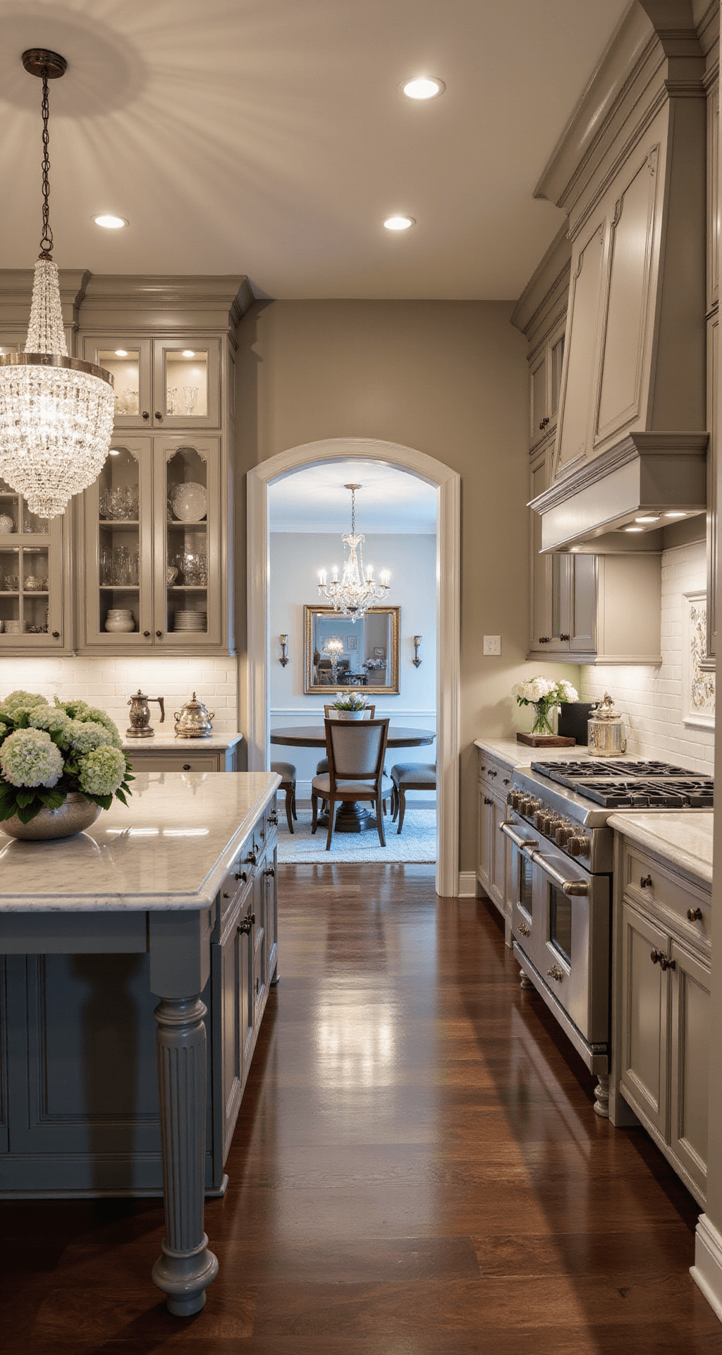 A spacious traditional kitchen with light taupe cabinets and Carrara marble counters, featuring a crystal chandelier and elegant decor, viewed from a dining area at dusk.