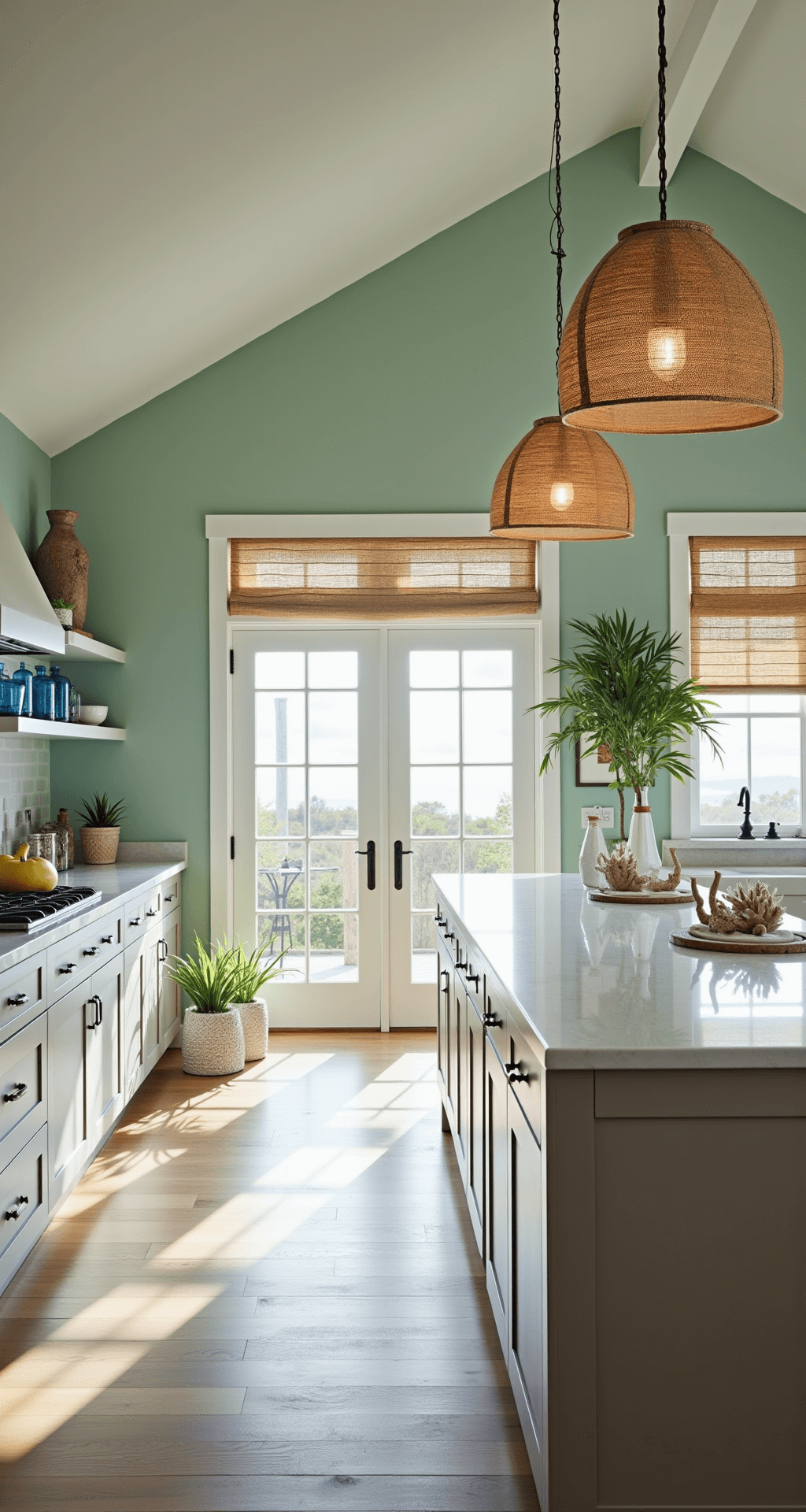 Bright coastal-inspired kitchen featuring light taupe shaker cabinets, seafoam green walls, and white quartzite countertops, complemented by rattan pendant lights and natural fiber roman shades. The wide angle captures French doors that enhance indoor-outdoor flow, adorned with coral decor, blue glassware, and potted palms, all bathed in airy sunlight with a subtle lens flare.