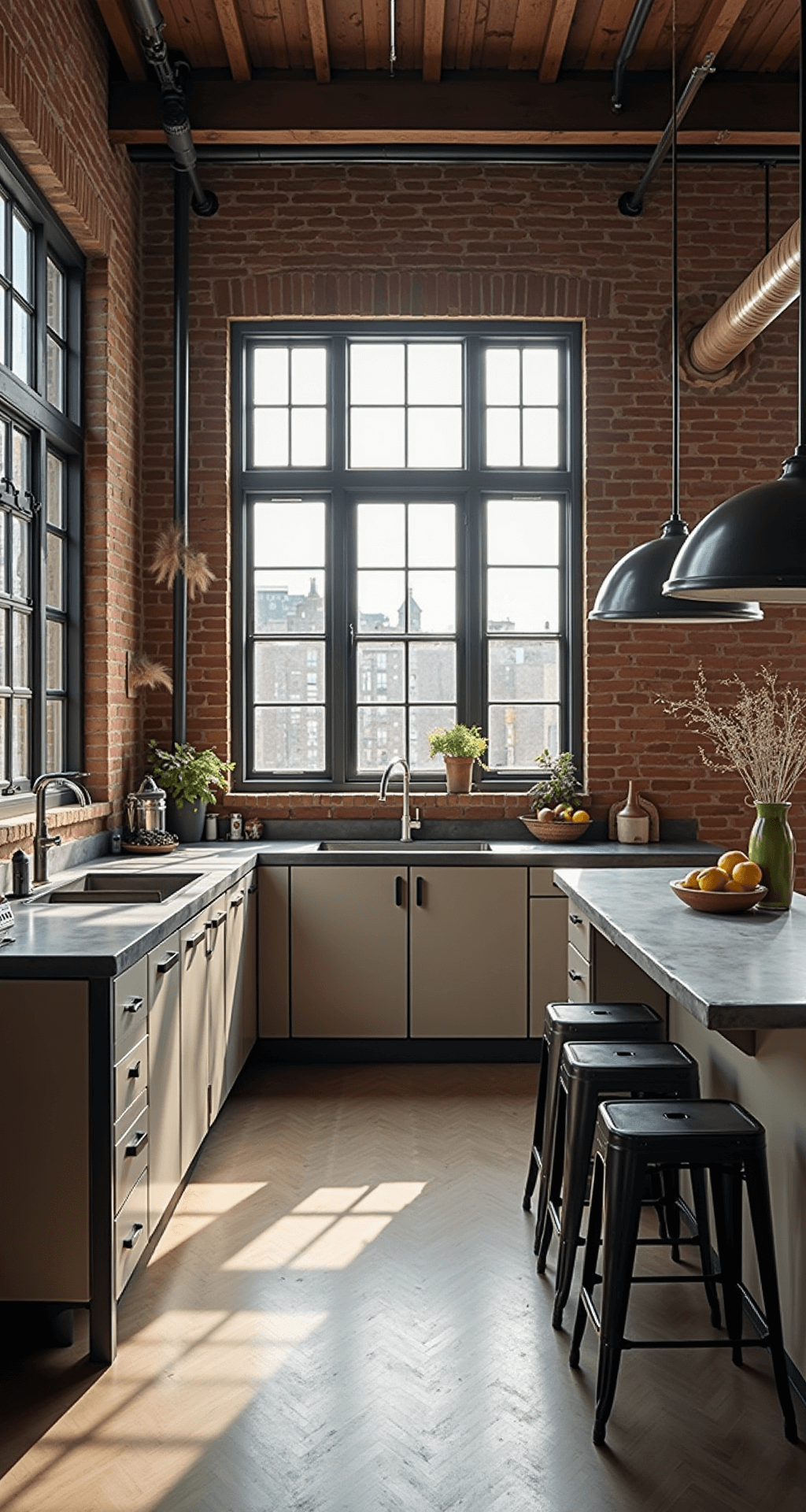 A stylish industrial chic kitchen featuring exposed brick walls, light taupe flat-panel cabinets with steel frames, and aged zinc countertops. The loft-style space is illuminated by factory-style windows, with vintage industrial lighting and metal bar stools accentuating the dramatic verticality of the room.