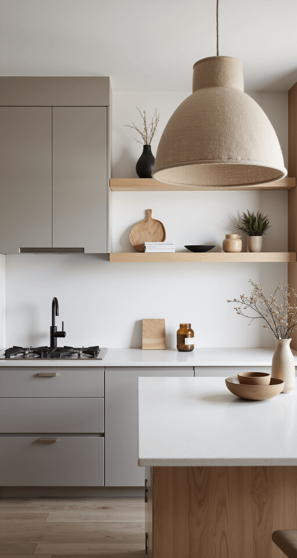A cozy 11x13ft Scandinavian-style kitchen featuring light taupe cabinets, blonde wood shelves, and white solid surface counters, illuminated by morning light. An oversized natural linen pendant hangs above a small dining nook, with minimal decor of earth-toned ceramics and dried botanicals, showcasing soft, diffused lighting that highlights the textures.