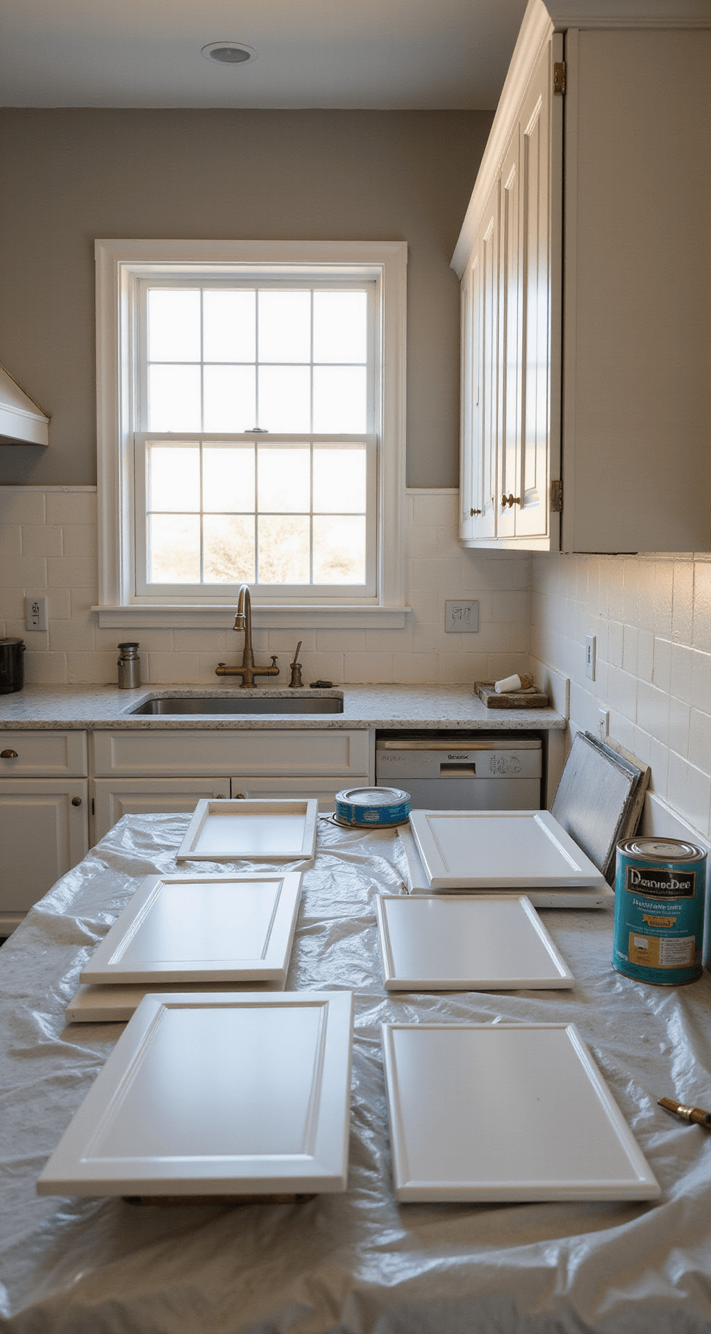 A bright modern kitchen renovation scene during golden hour, featuring white Shaker cabinets against warm gray walls, with natural light highlighting glossy countertops. Cabinet doors are removed and arranged on drop cloths, alongside organized painting supplies, showcasing pristine cabinet faces and professional brush techniques.