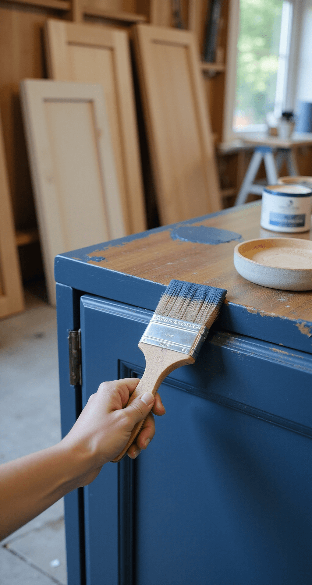 Close-up of cabinet painting process featuring rich navy paint applied with an angled brush, showcasing wood grain texture beneath. Multiple cabinet doors are arranged on sawhorses in a clean, organized workspace.